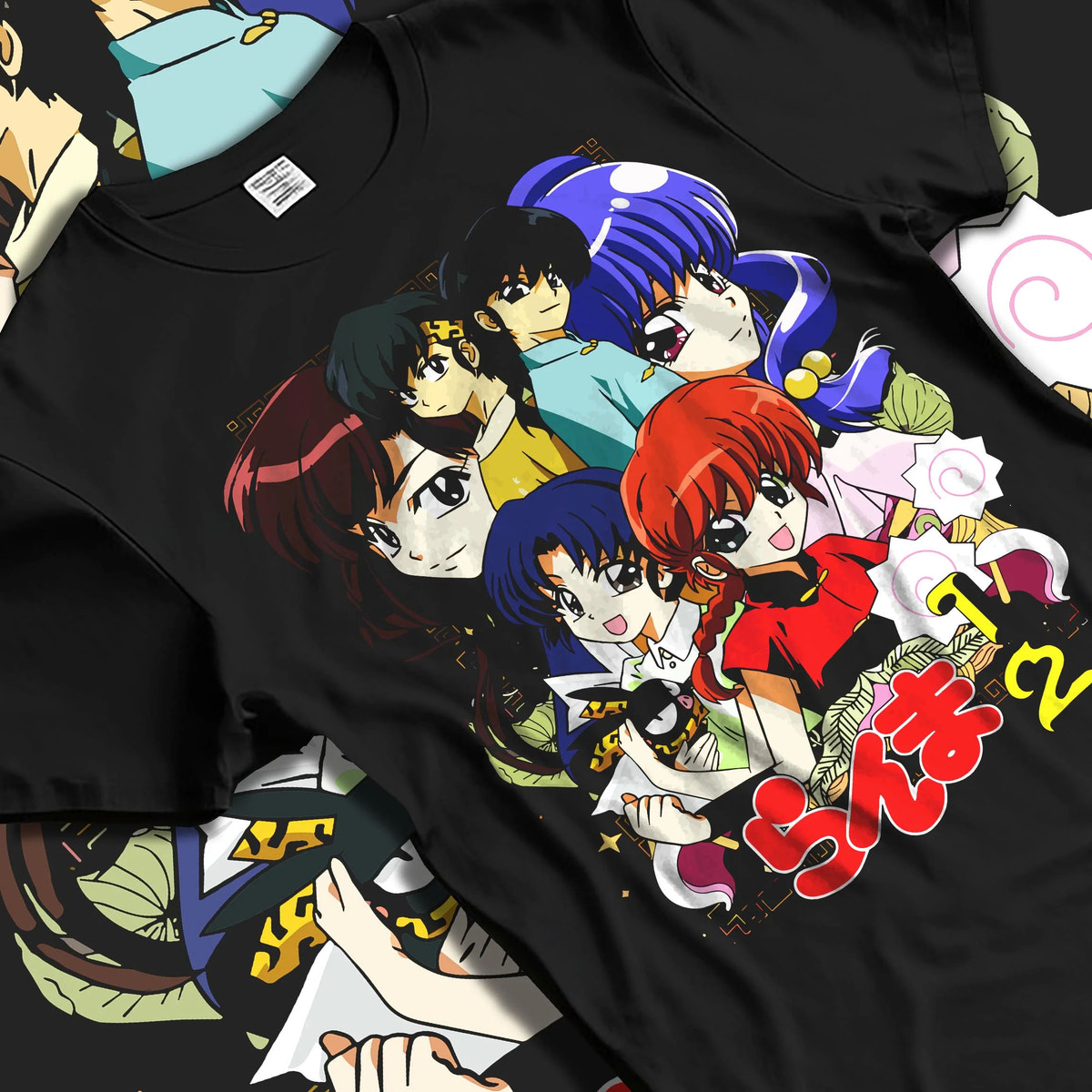 Black T-shirt laid flat with natural folds featuring Ranma and Akane Ranma 1/2 retro manga duo artwork.