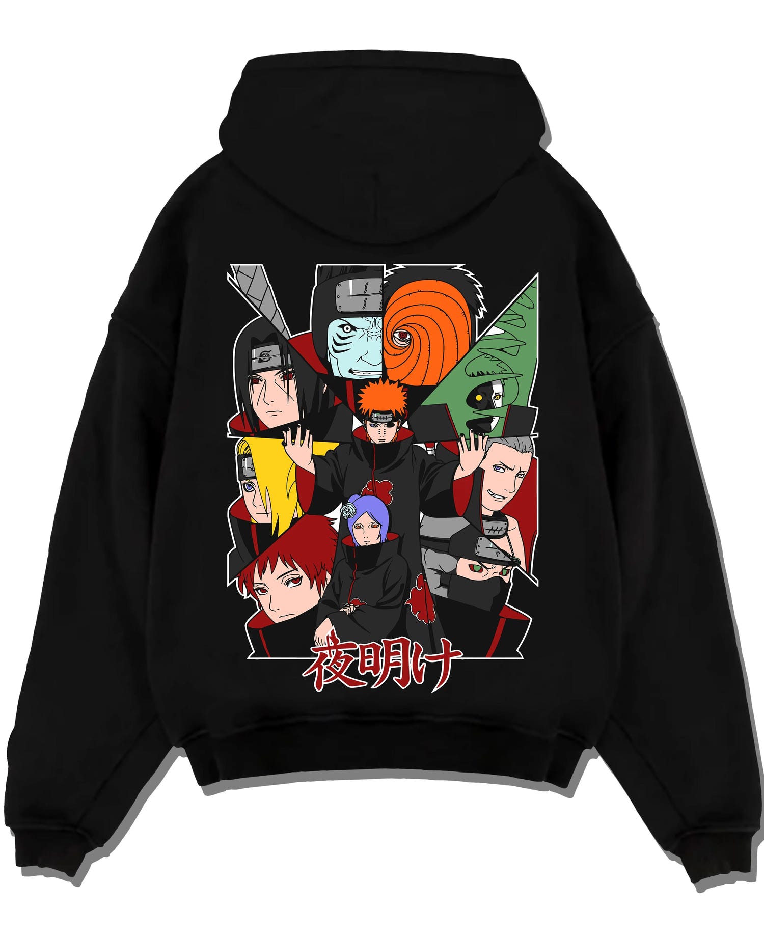 Black pullover hoodie laid flat with Akatsuki Clan Hoodie Naruto Shippuden Red Cloud Team graphic premium wear.