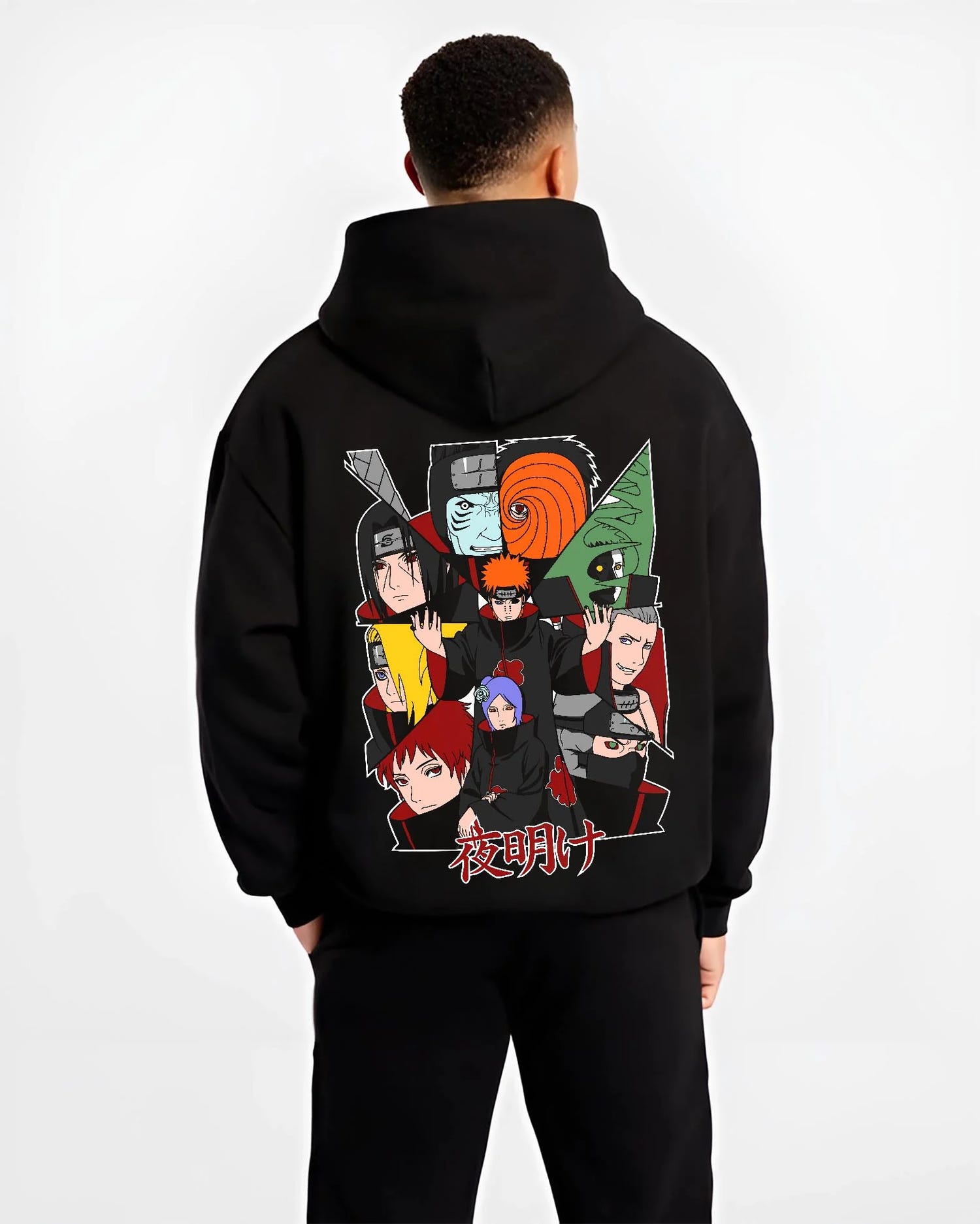 Black hoodie worn by male model, back view with Akatsuki Clan Hoodie Naruto Shippuden Red Cloud Team graphic premium wear.