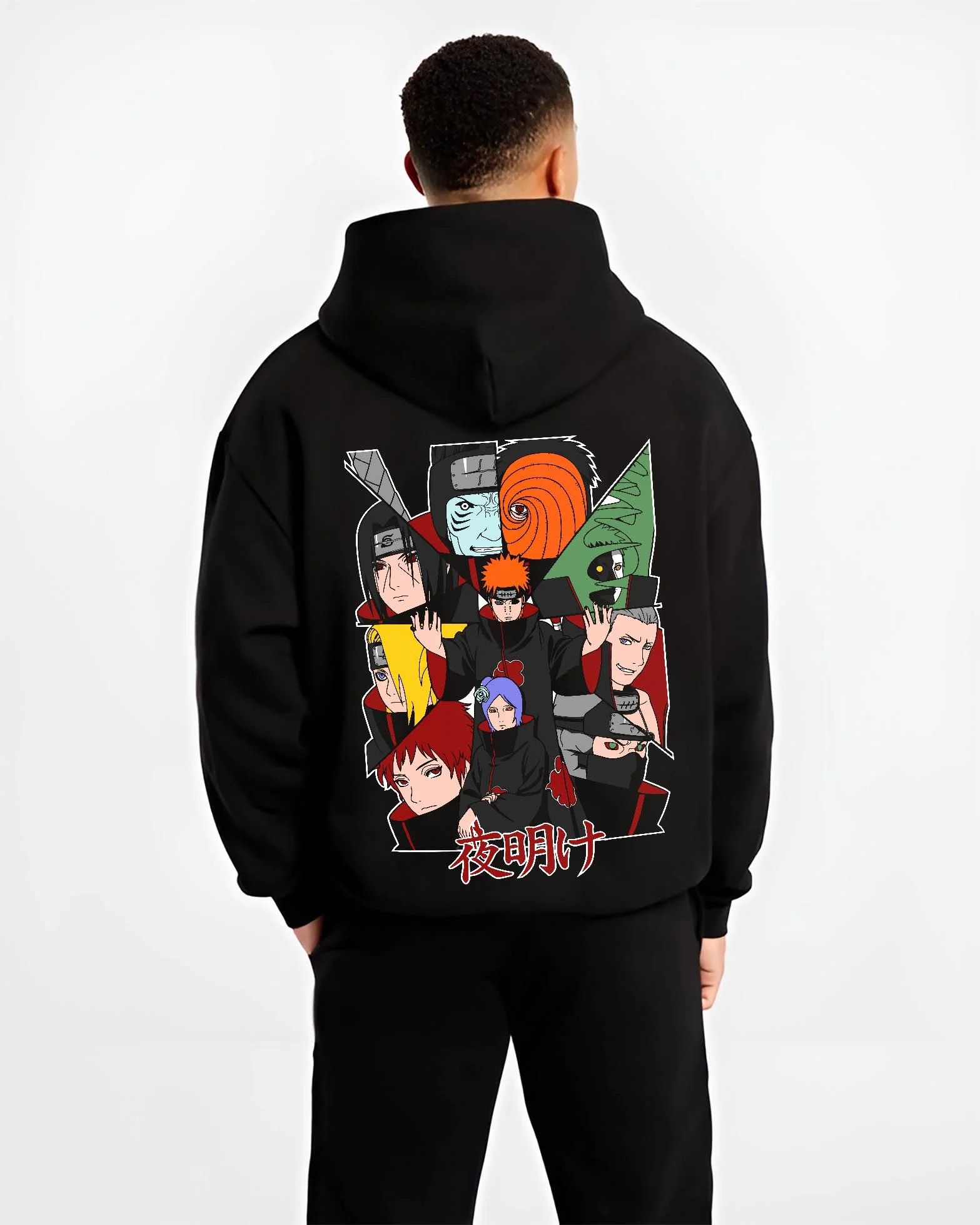 Black hoodie worn by male model, back view with Akatsuki Clan Hoodie Naruto Shippuden Red Cloud Team graphic premium wear.