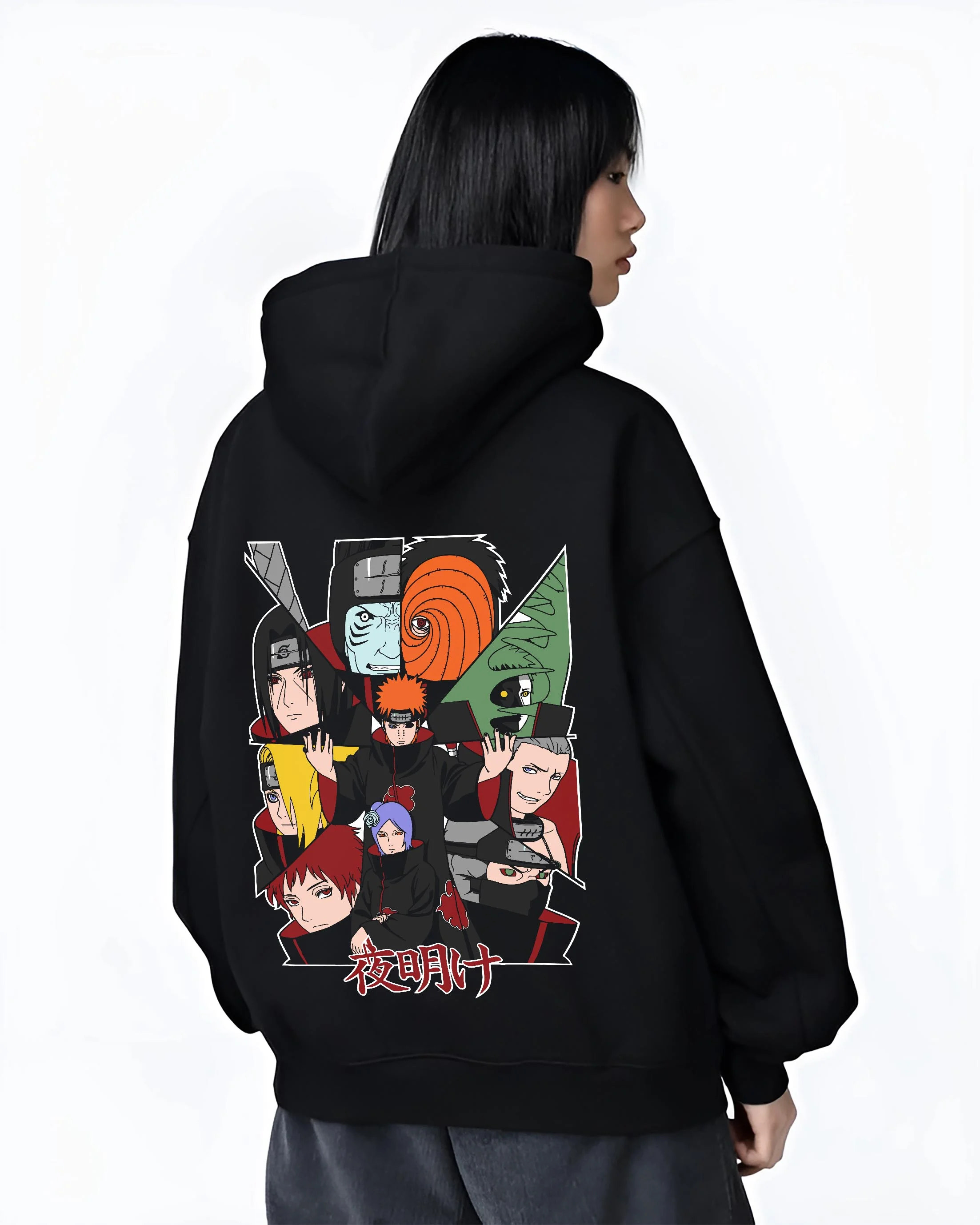 Black hoodie worn by female model, back view with Akatsuki Clan Hoodie Naruto Shippuden Red Cloud Team graphic streetwear graphic.