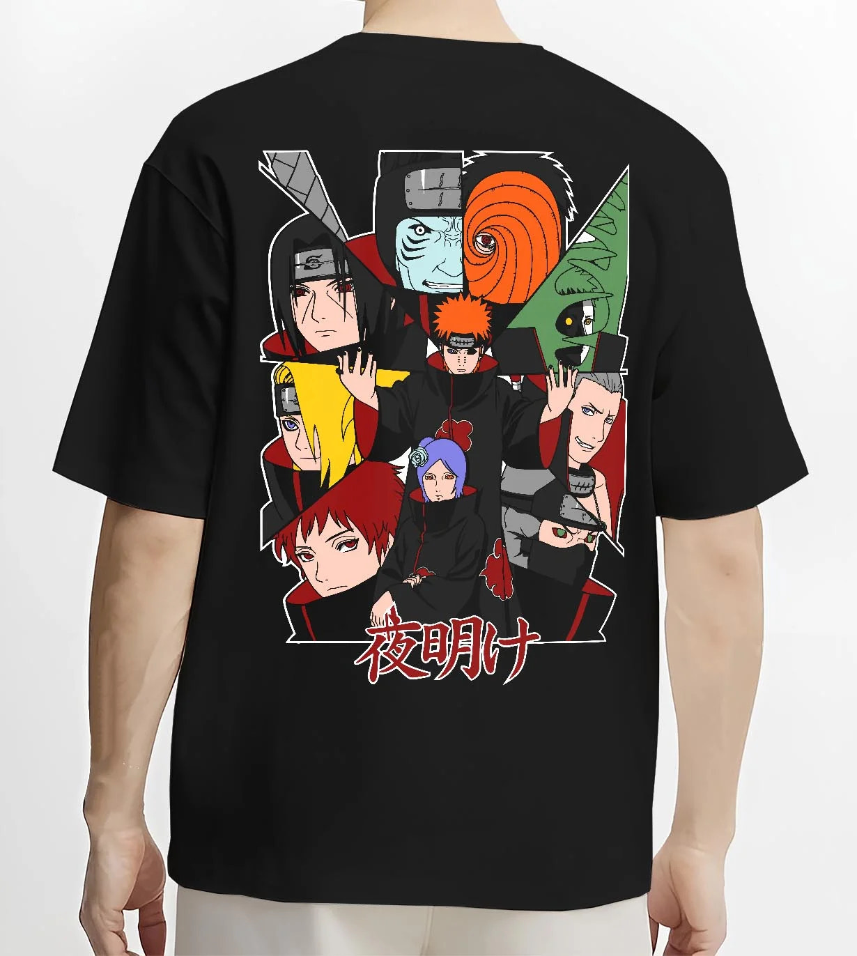 Black T-shirt worn by male model, back view with Akatsuki Clan Hoodie Naruto Shippuden Red Cloud Team graphic premium wear.