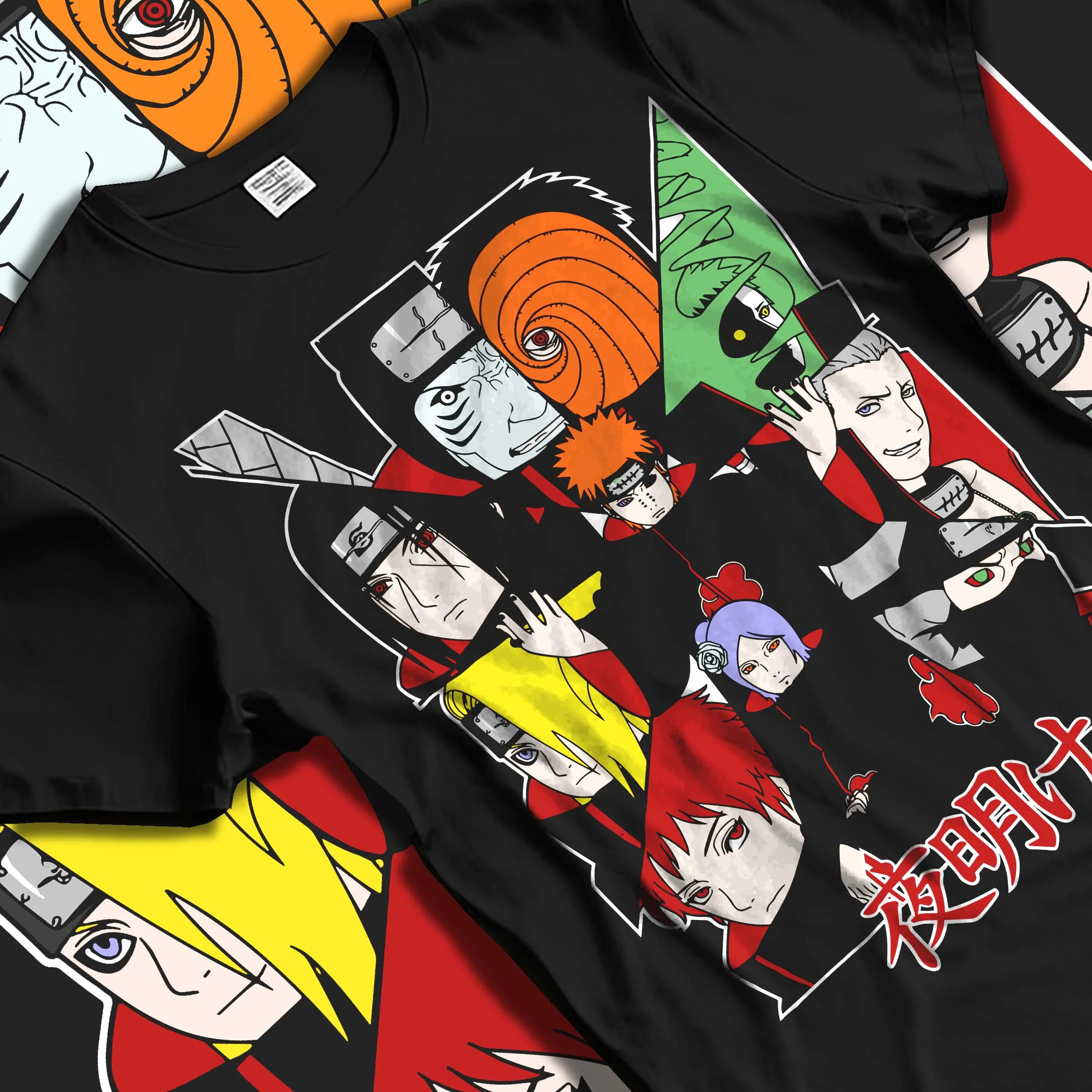 Black T-shirt laid flat with natural folds with Akatsuki Clan Hoodie Naruto Shippuden Red Cloud Team graphic streetwear graphic.