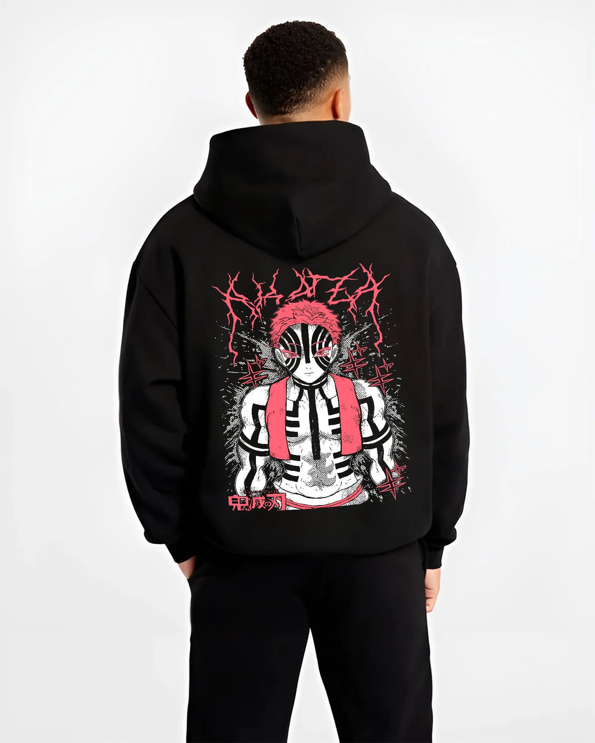 Black hoodie model back view showing Akaza from Demon Slayer: Upper Rank Three