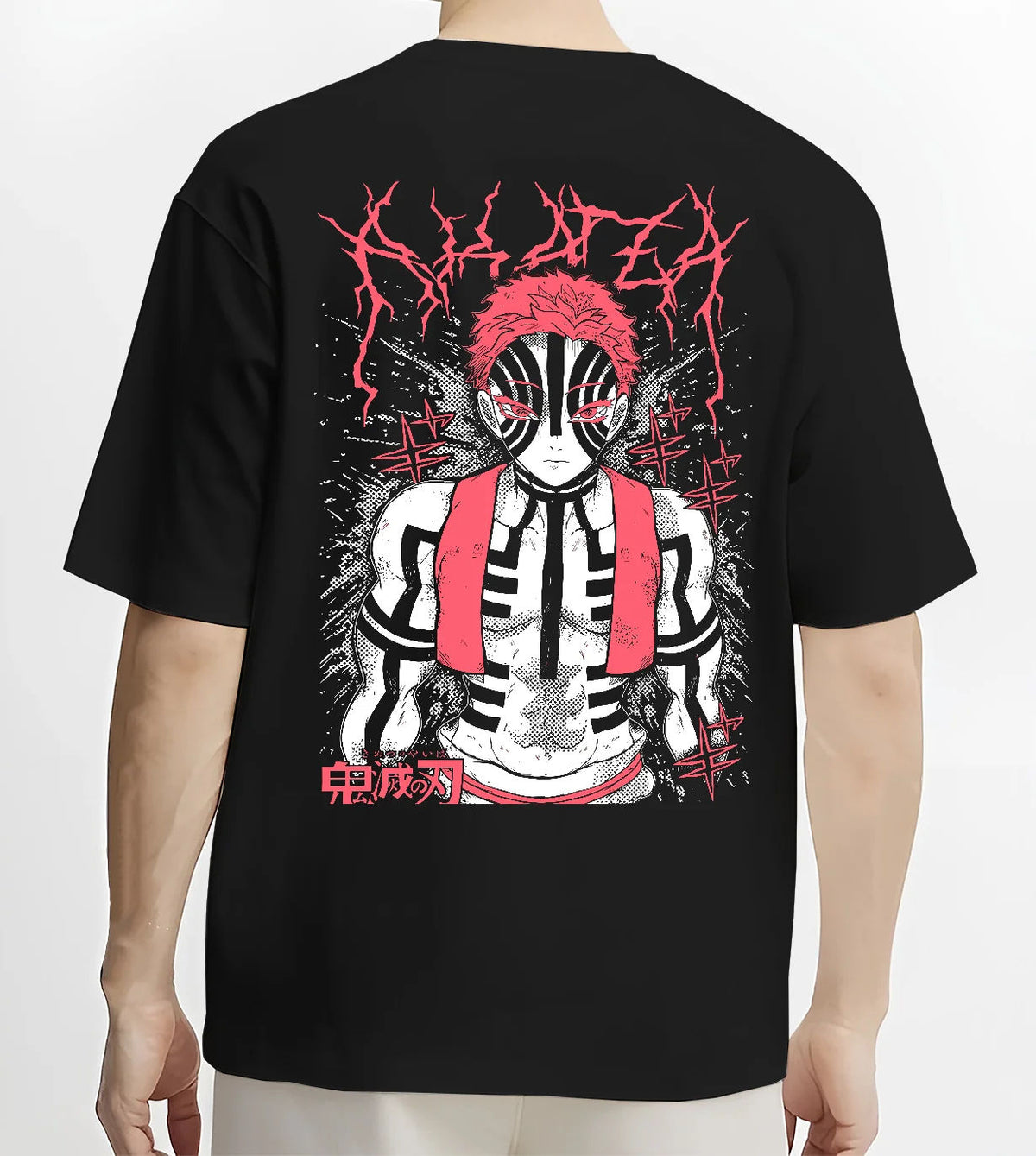 Black T-shirt model back view showing Akaza from Demon Slayer: Upper Rank Three