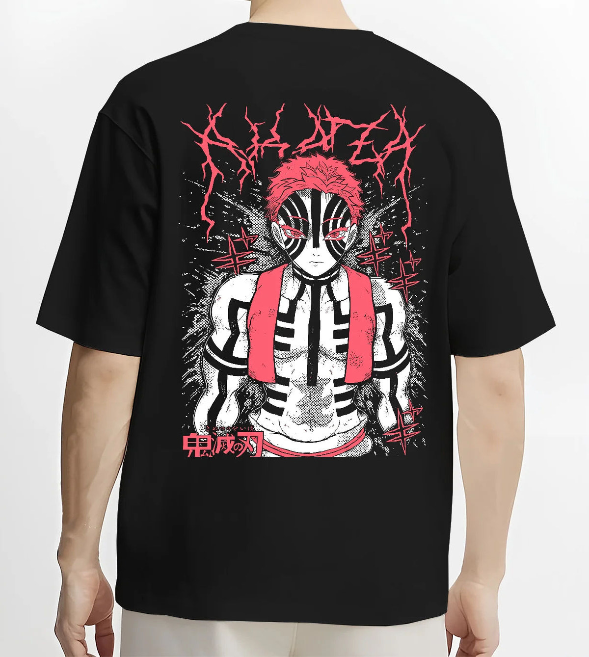 Black T-shirt model back view showing Akaza from Demon Slayer: Upper Rank Three