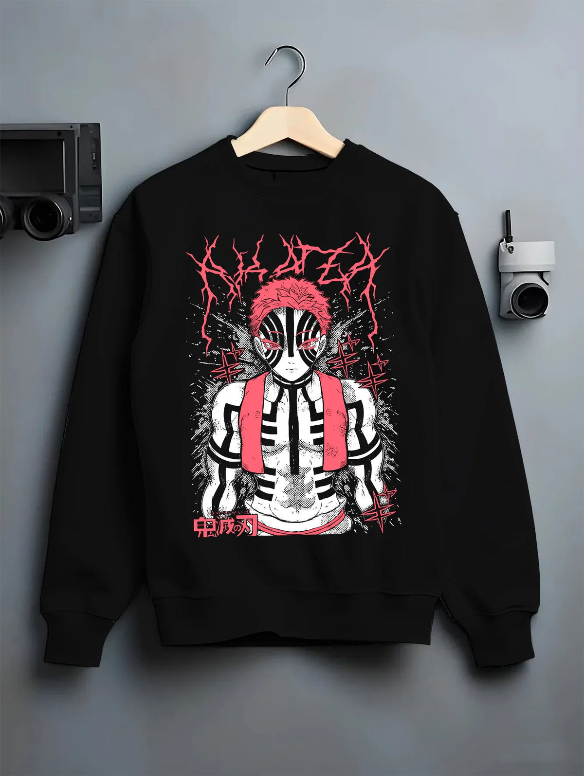 Black crewneck sweatshirt on hanger showing Akaza from Demon Slayer: Upper Rank Three