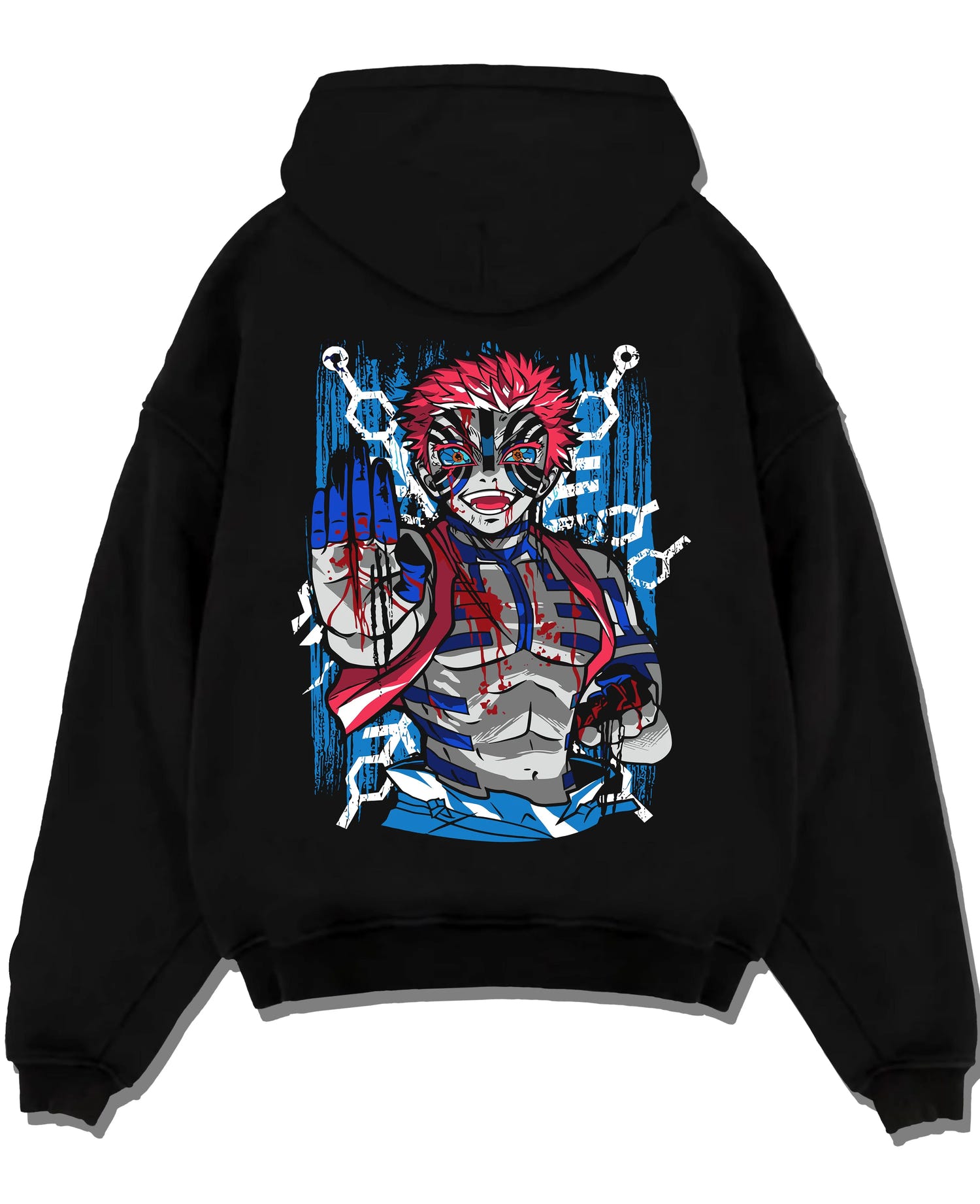 Black pullover hoodie laid flat with Akaza Demon Slayer Hoodie Upper Moon Zero Form Print graphic streetwear graphic.