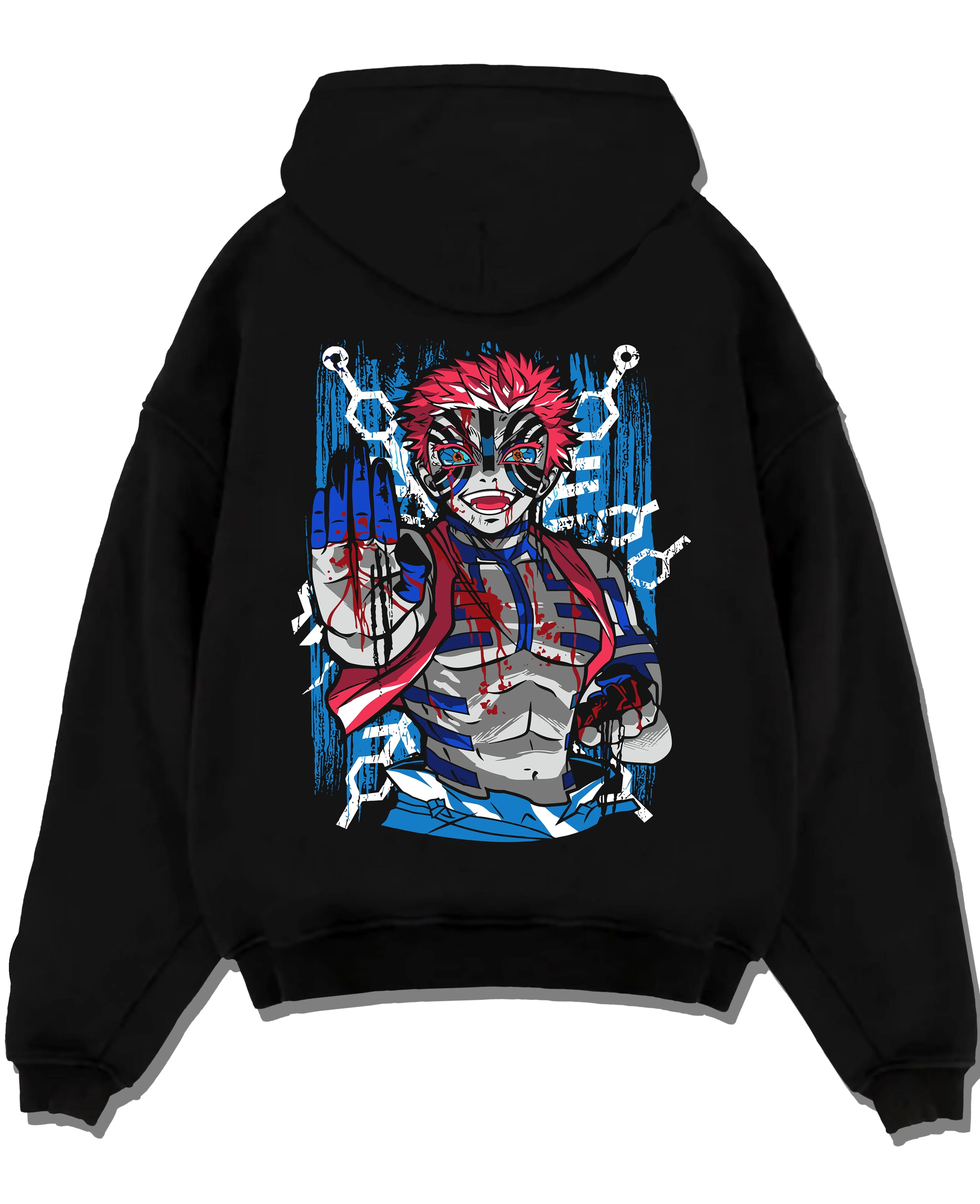 Black pullover hoodie laid flat with Akaza Demon Slayer Hoodie Upper Moon Zero Form Print graphic streetwear graphic.