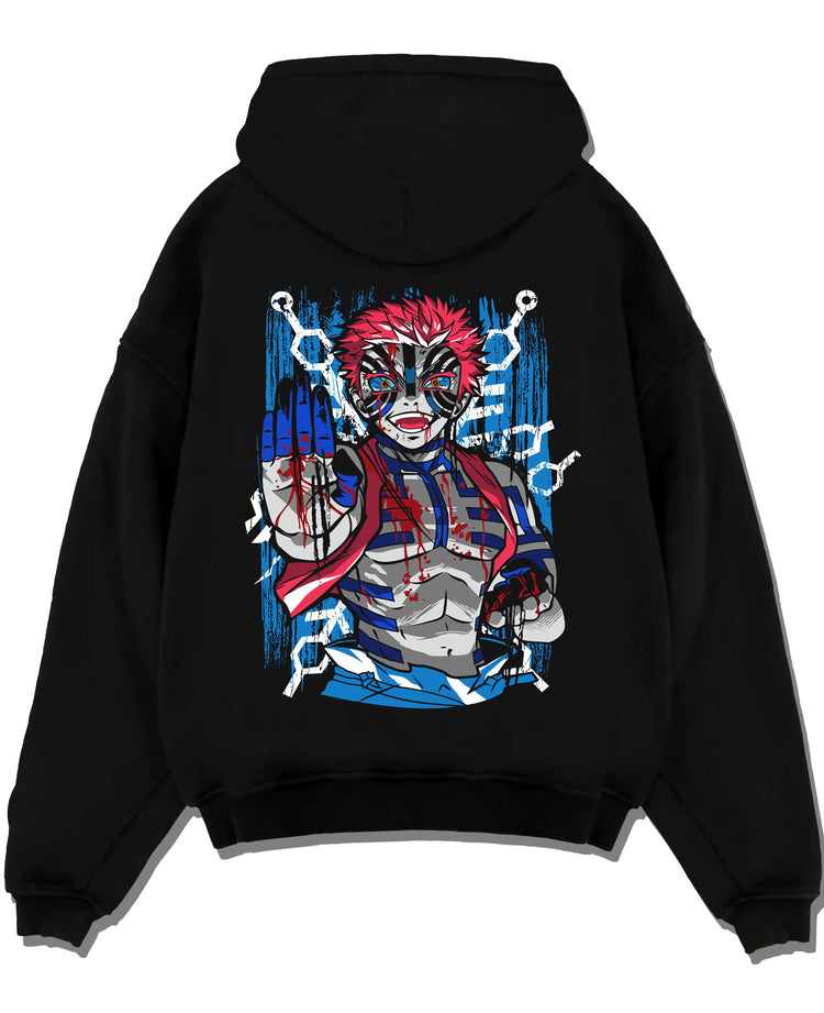 Black pullover hoodie laid flat with Akaza Demon Slayer Hoodie Upper Moon Zero Form Print graphic streetwear graphic.