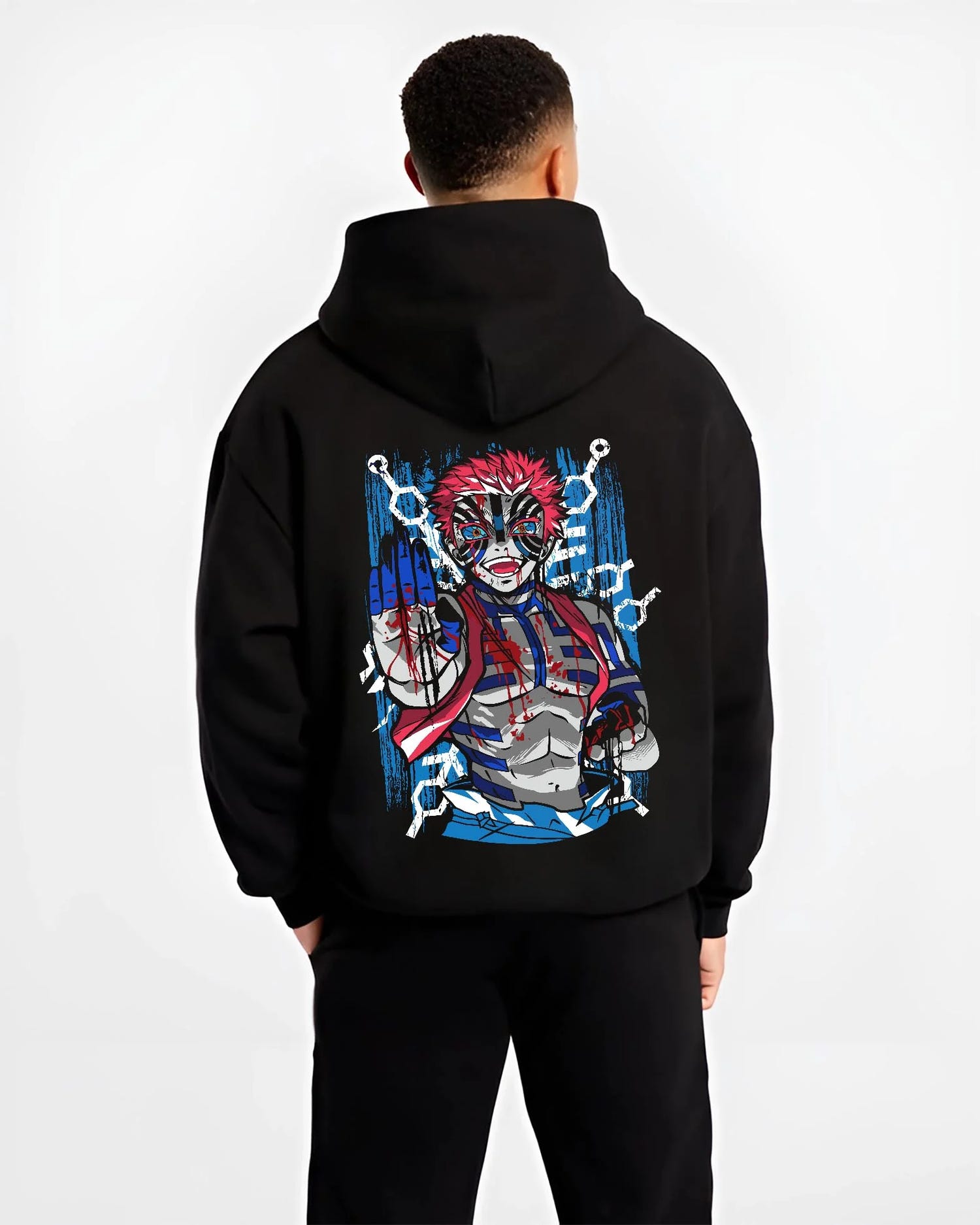 Black hoodie worn by male model, back view with Akaza Demon Slayer Hoodie Upper Moon Zero Form Print graphic premium wear.