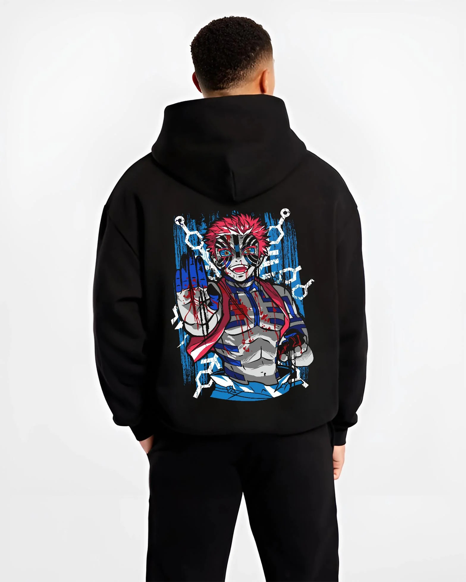 Black hoodie worn by male model, back view with Akaza Demon Slayer Hoodie Upper Moon Zero Form Print graphic premium wear.