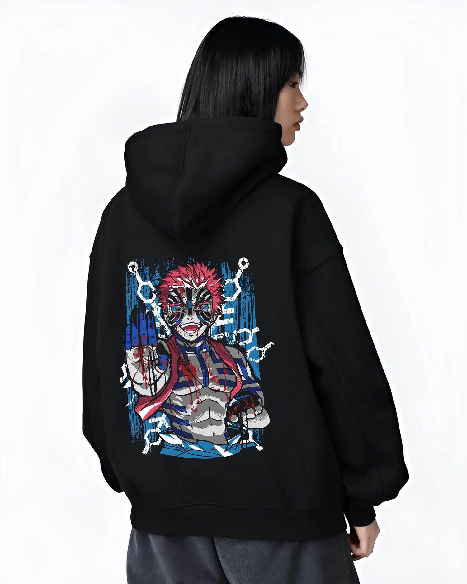 Black hoodie worn by female model, back view with Akaza Demon Slayer Hoodie Upper Moon Zero Form Print graphic streetwear graphic.