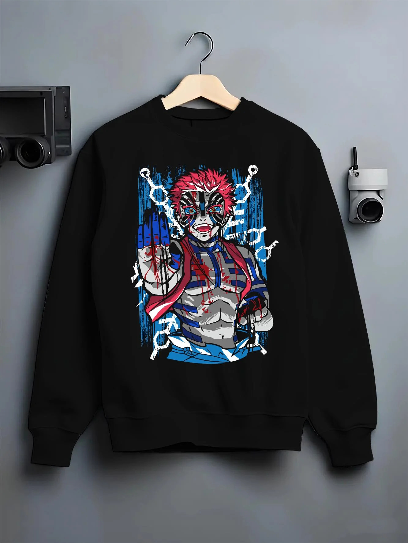Black crewneck sweatshirt on hanger with Akaza Demon Slayer Hoodie Upper Moon Zero Form Print graphic Akaza anime design.