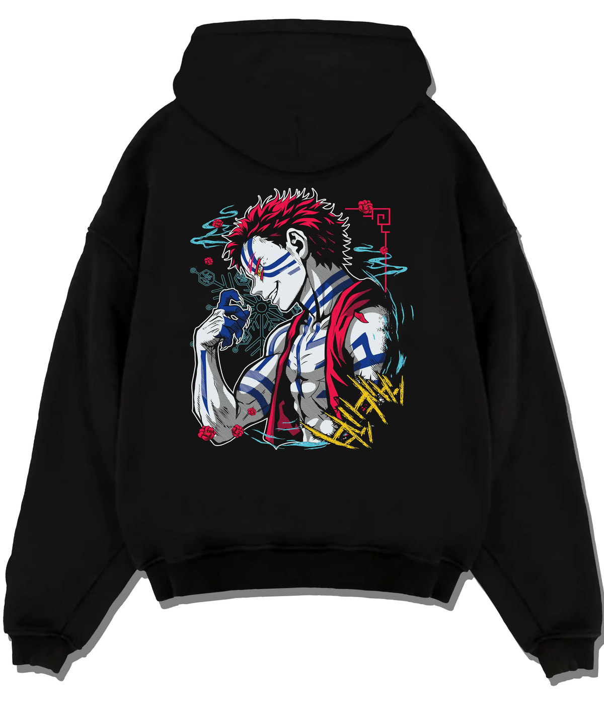 Black hoodie flat back view showing Akaza from Demon Slayer: Upper Moon demon portrait