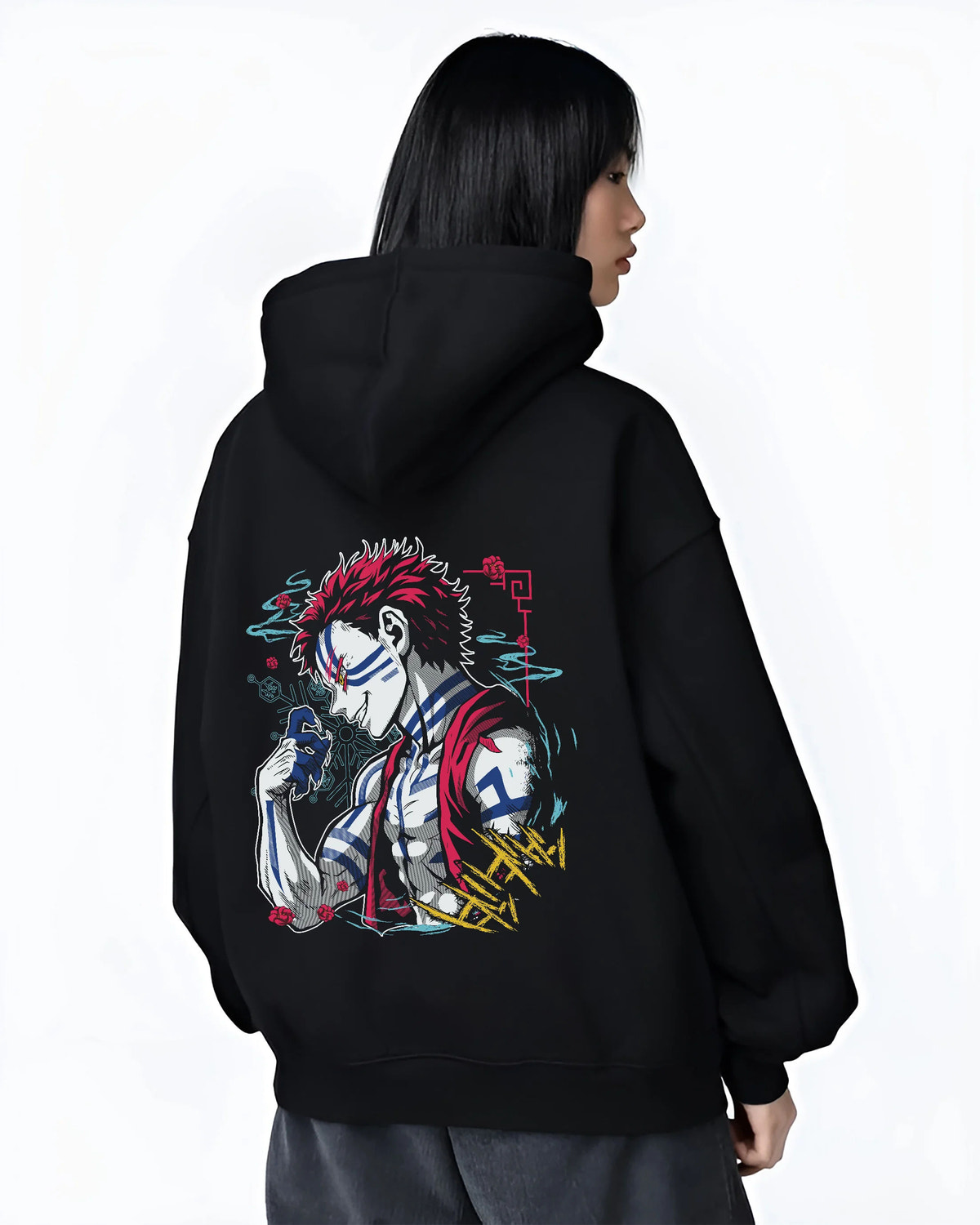 Black hoodie female model back view showing Akaza from Demon Slayer: Upper Moon demon portrait
