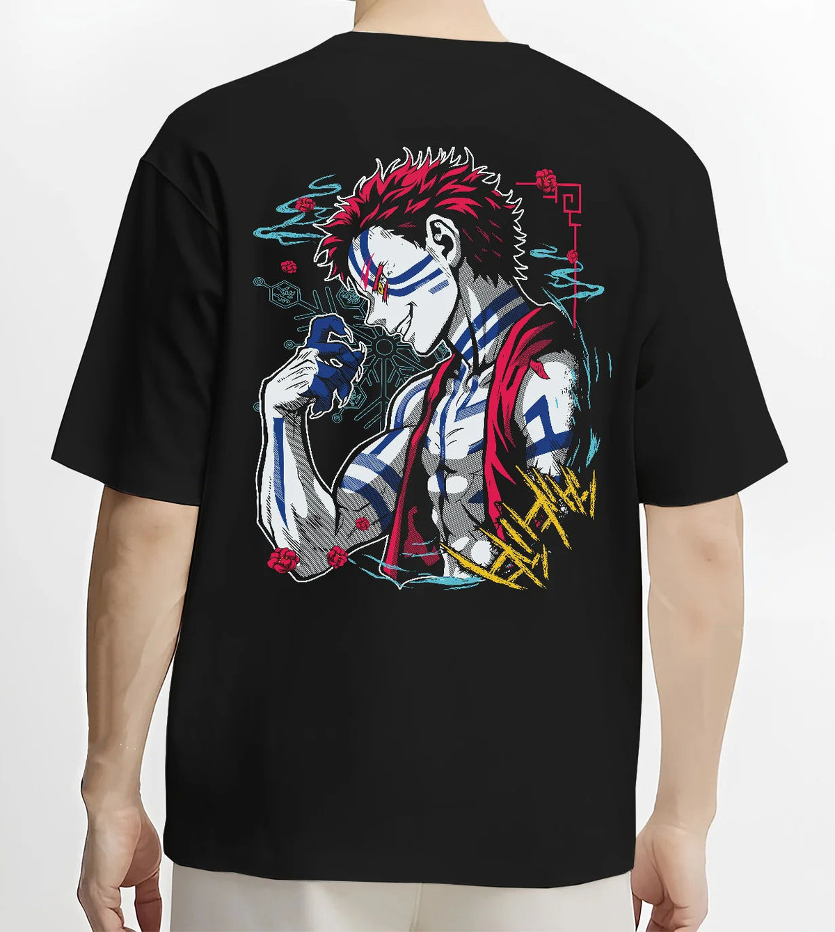 Black T-shirt model back view showing Akaza from Demon Slayer: Upper Moon demon portrait