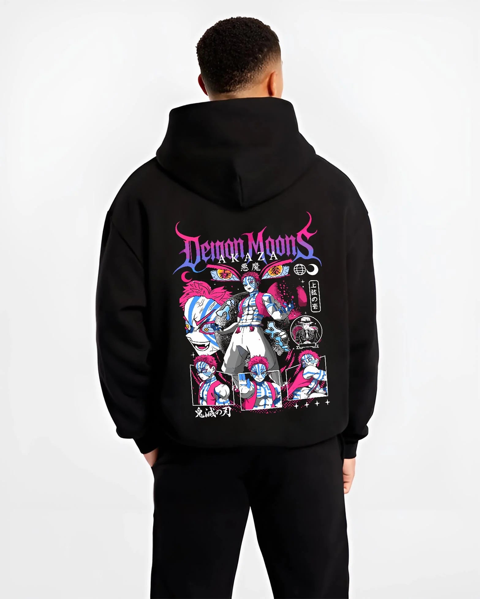 Black hoodie worn by male model, back view with Akaza Demon Slayer Hoodie Upper Moon Rage Moon Mark graphic streetwear graphic.