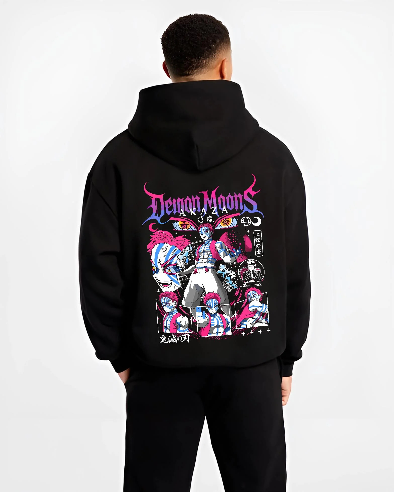 Black hoodie worn by male model, back view with Akaza Demon Slayer Hoodie Upper Moon Rage Moon Mark graphic streetwear graphic.