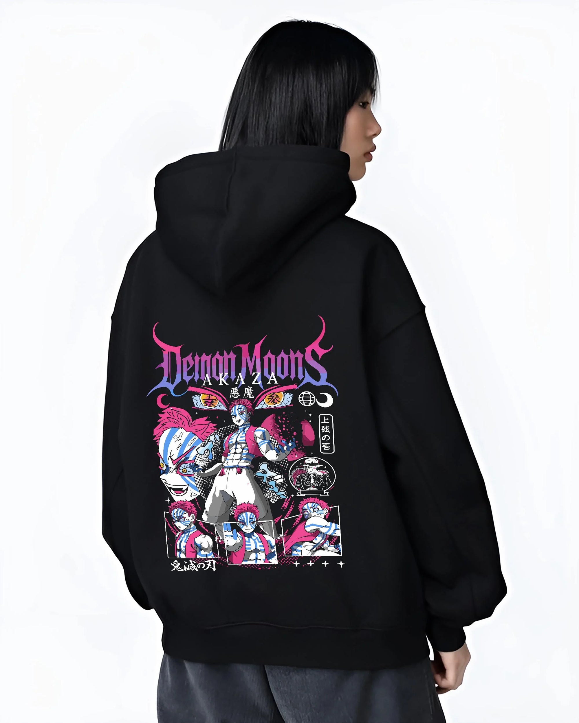 Black hoodie worn by female model, back view with Akaza Demon Slayer Hoodie Upper Moon Rage Moon Mark graphic streetwear graphic.