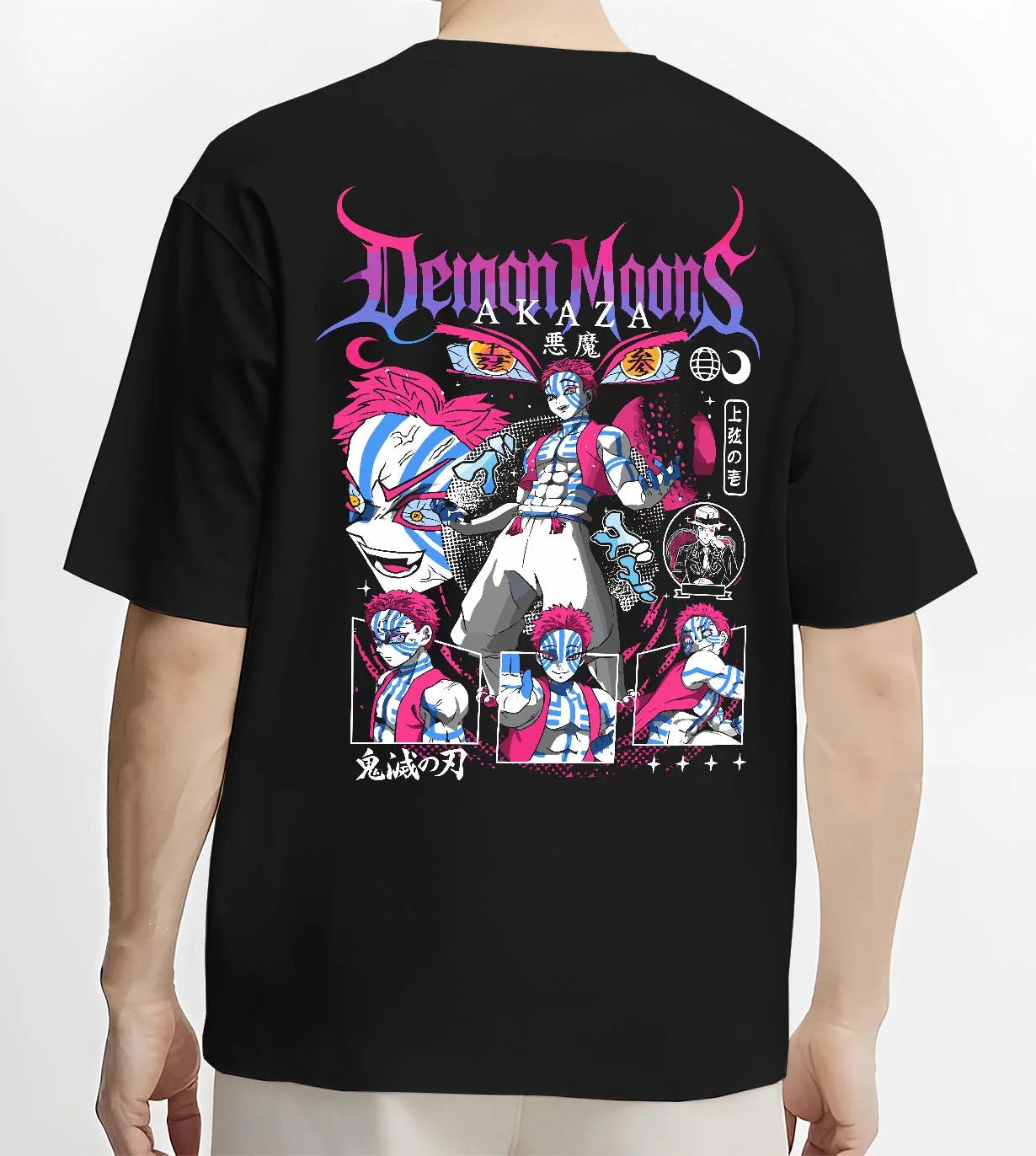 Black T-shirt worn by male model, back view with Akaza Demon Slayer Hoodie Upper Moon Rage Moon Mark graphic streetwear graphic.
