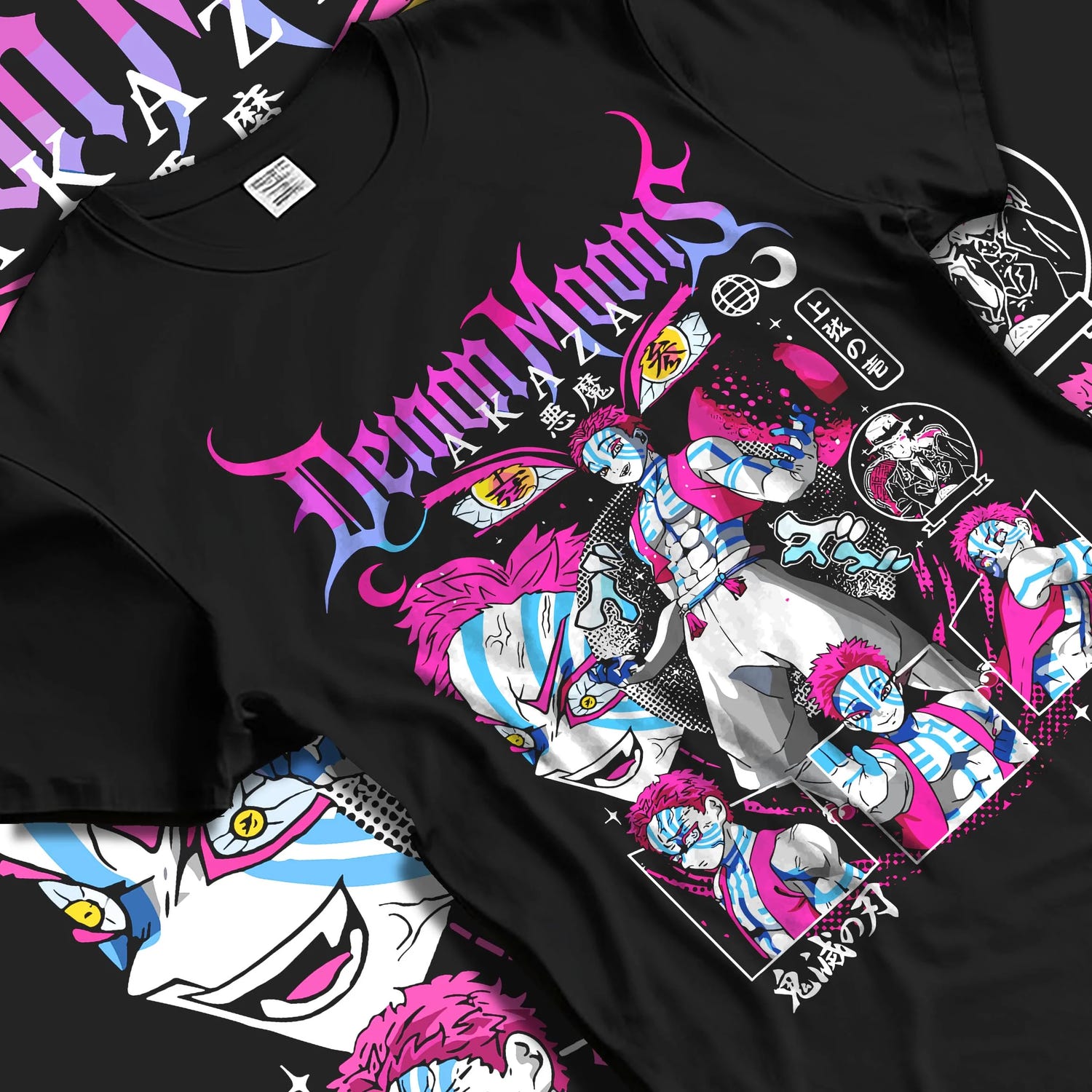 Black T-shirt laid flat with natural folds with Akaza Demon Slayer Hoodie Upper Moon Rage Moon Mark graphic bold anime graphic.