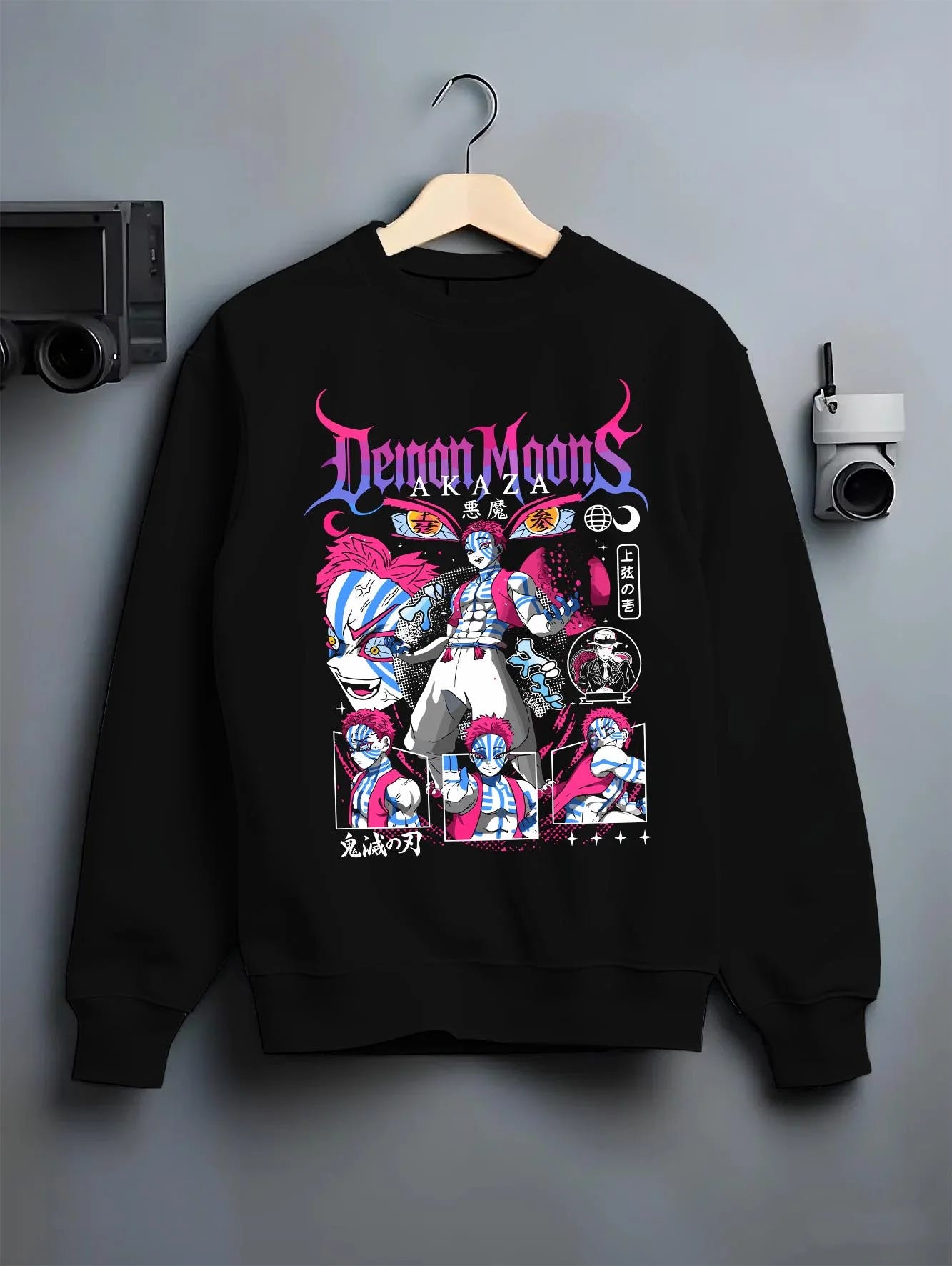 Black crewneck sweatshirt on hanger with Akaza Demon Slayer Hoodie Upper Moon Rage Moon Mark graphic Akaza anime design.