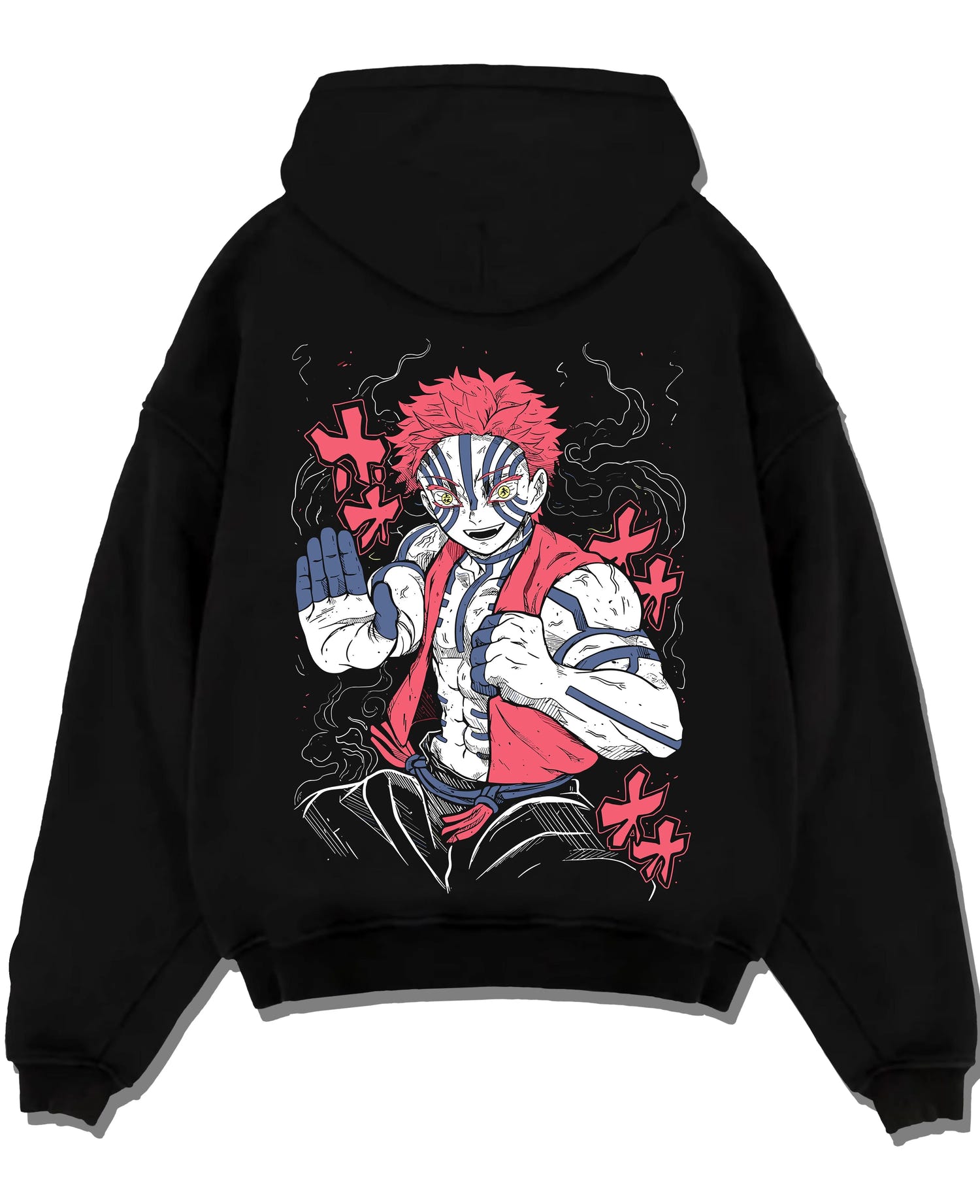 Black pullover hoodie laid flat with Akaza Demon Slayer Hoodie Upper Moon Fierce Stance graphic streetwear graphic.