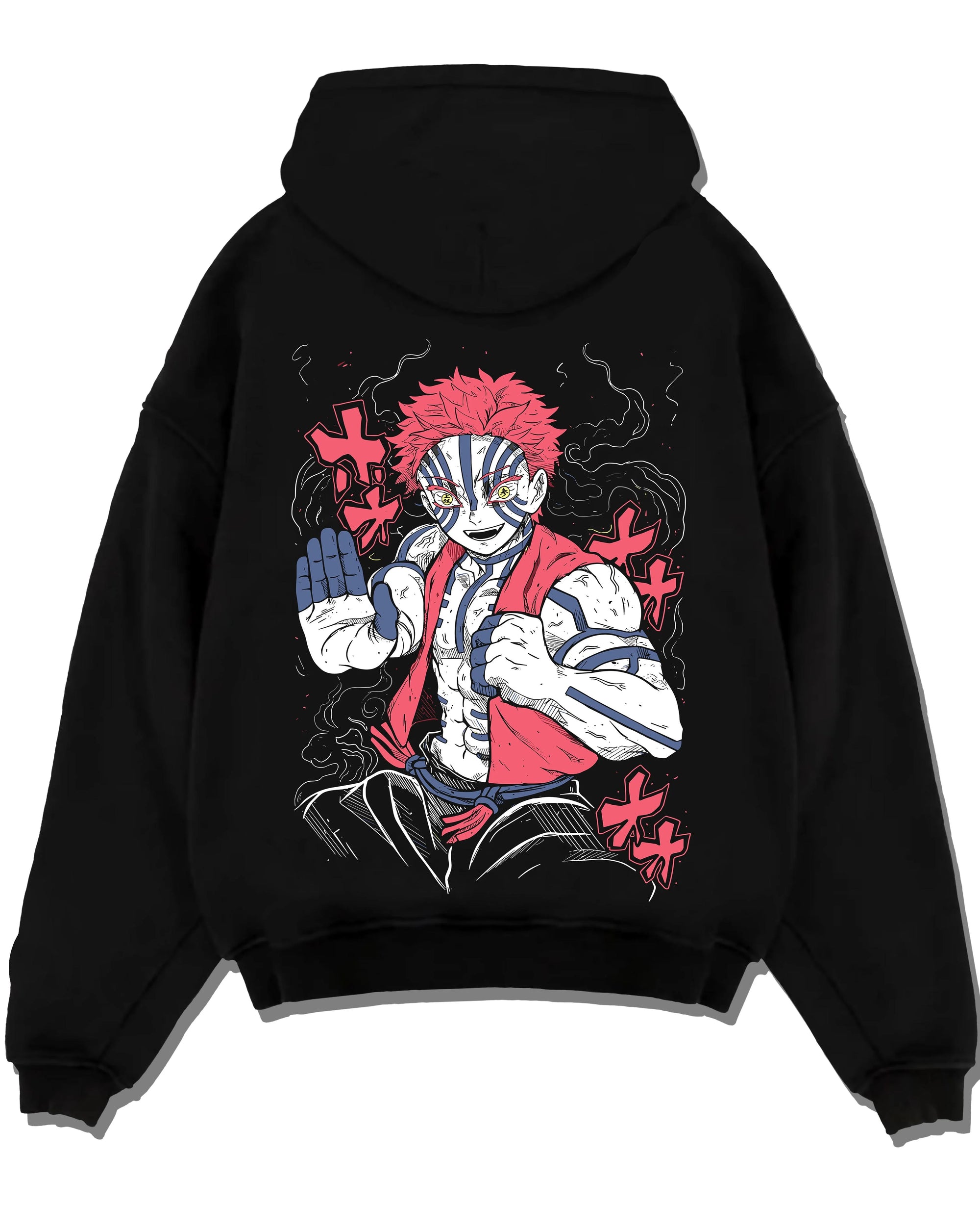 Black pullover hoodie laid flat with Akaza Demon Slayer Hoodie Upper Moon Fierce Stance graphic streetwear graphic.
