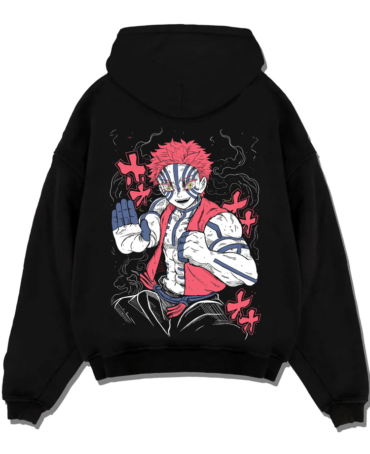 Black pullover hoodie laid flat with Akaza Demon Slayer Hoodie Upper Moon Fierce Stance graphic streetwear graphic.