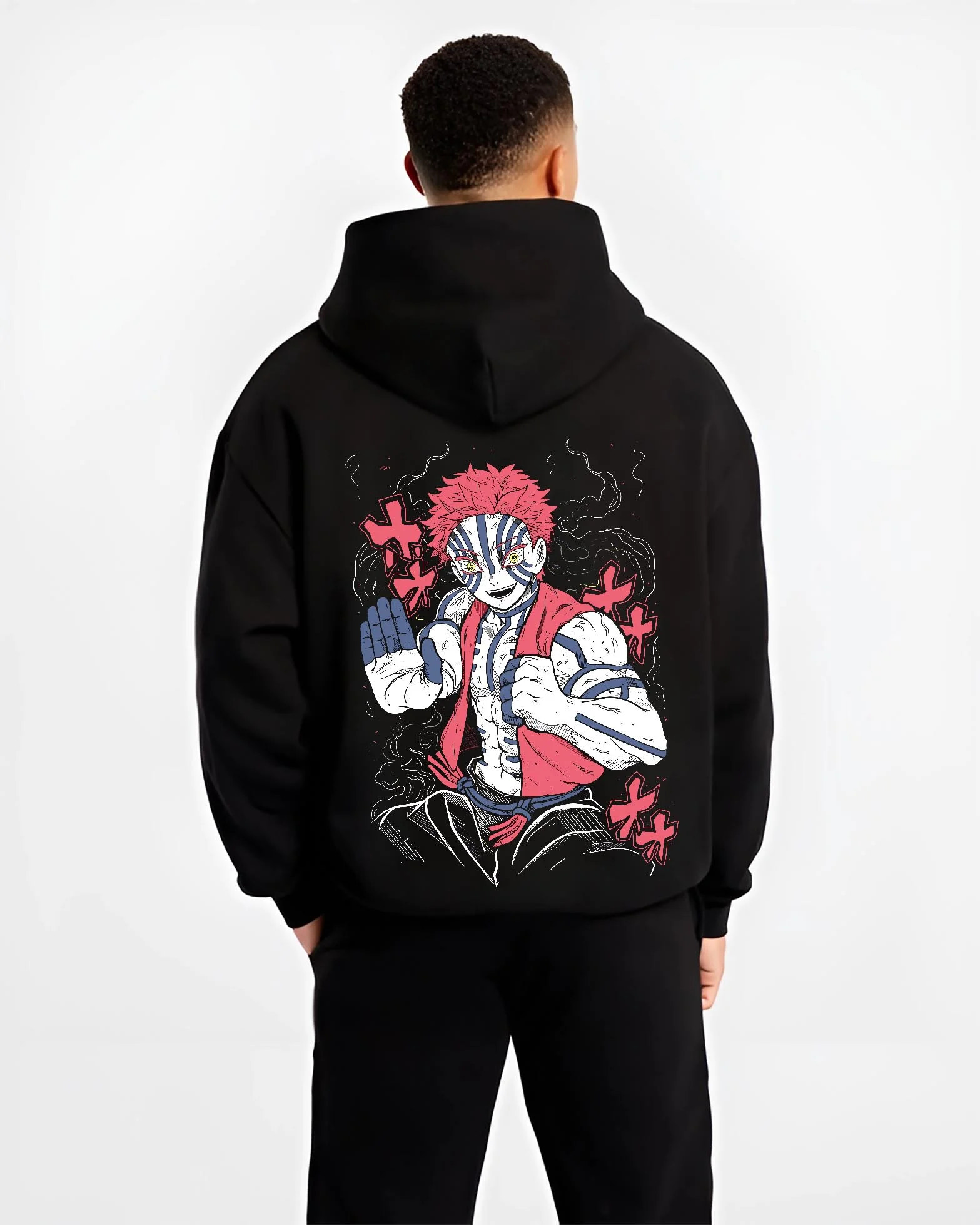 Black hoodie worn by male model, back view with Akaza Demon Slayer Hoodie Upper Moon Fierce Stance graphic Akaza anime design.