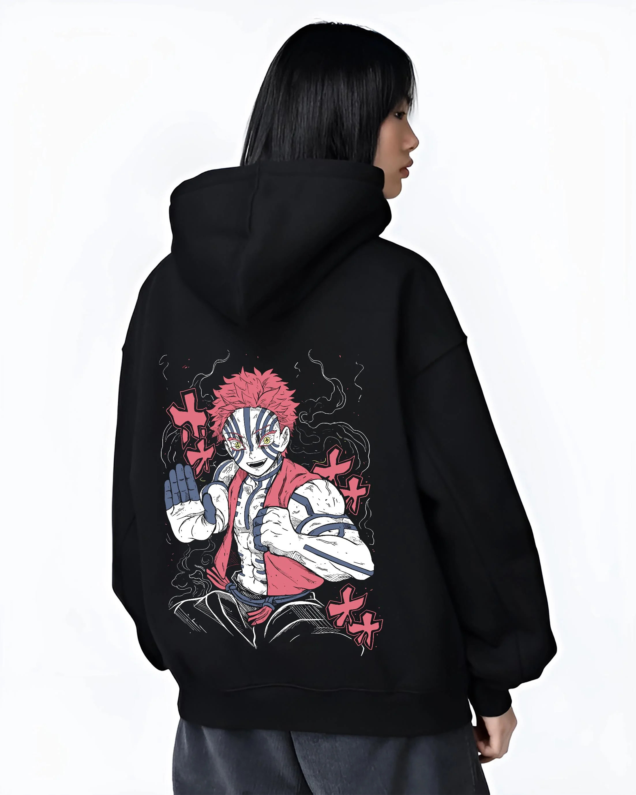 Black hoodie worn by female model, back view with Akaza Demon Slayer Hoodie Upper Moon Fierce Stance graphic Akaza anime design.