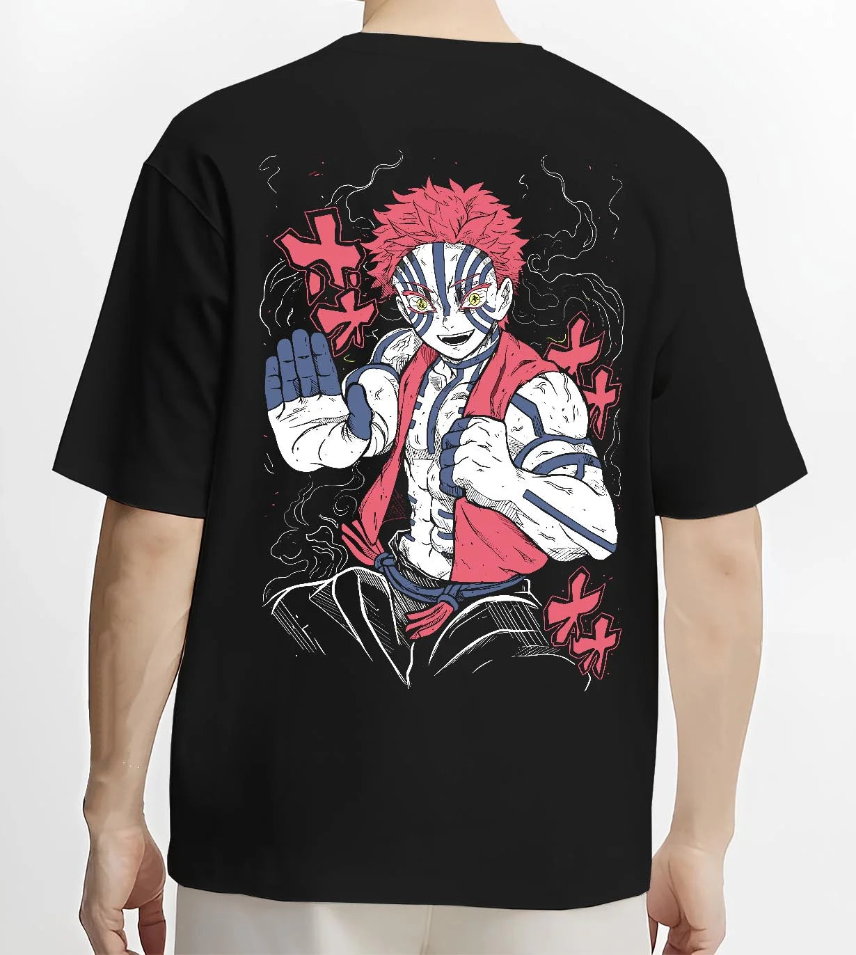 Black T-shirt worn by male model, back view with Akaza Demon Slayer Hoodie Upper Moon Fierce Stance graphic streetwear graphic.