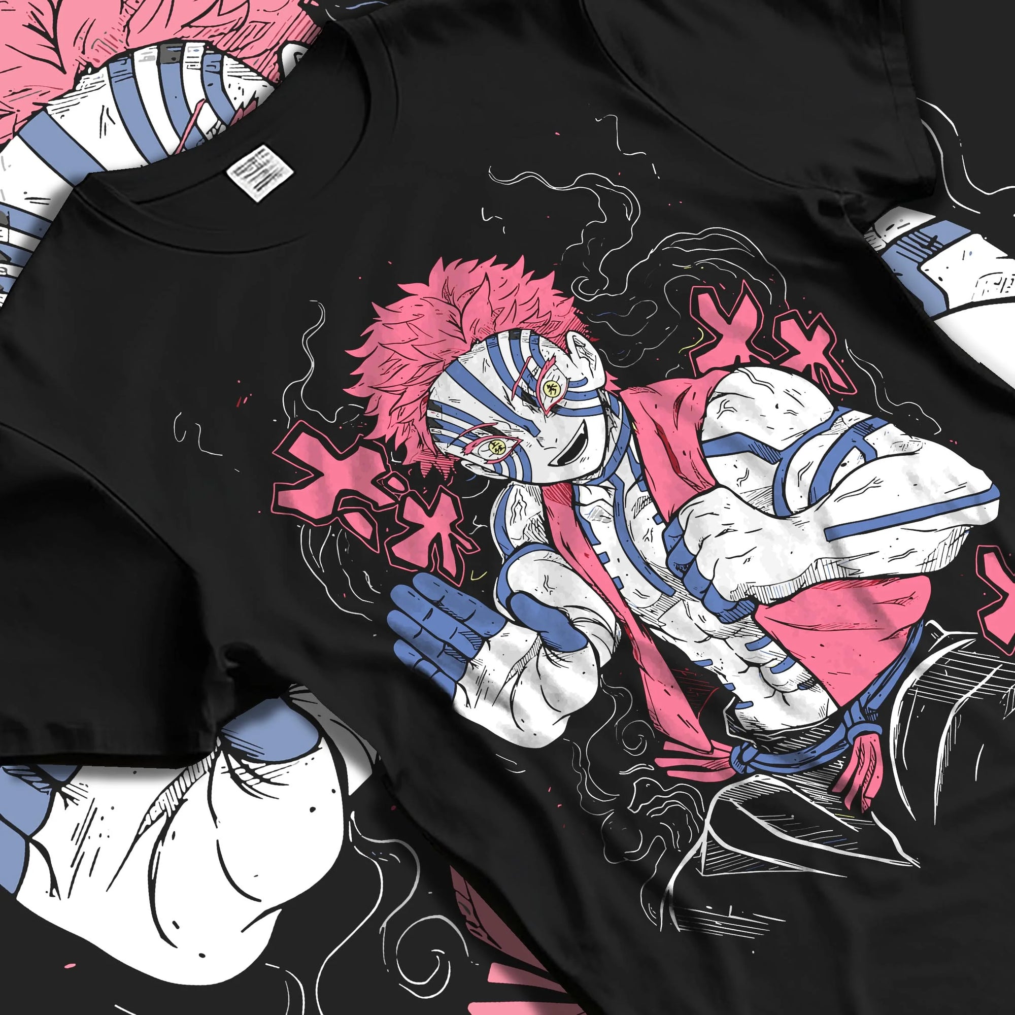 Black T-shirt laid flat with natural folds with Akaza Demon Slayer Hoodie Upper Moon Fierce Stance graphic Akaza anime design.