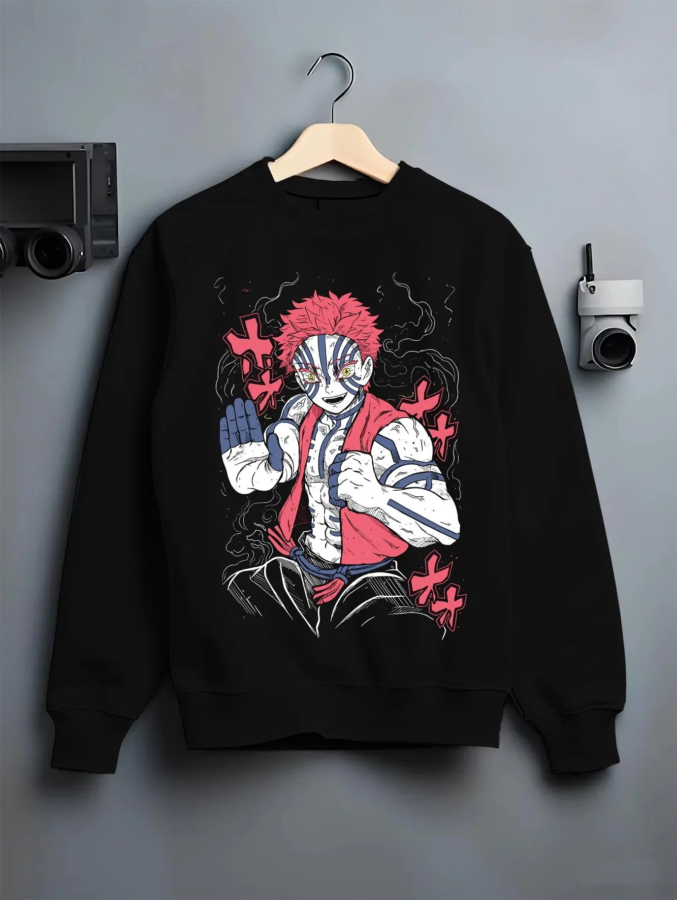 Black crewneck sweatshirt on hanger with Akaza Demon Slayer Hoodie Upper Moon Fierce Stance graphic premium wear.