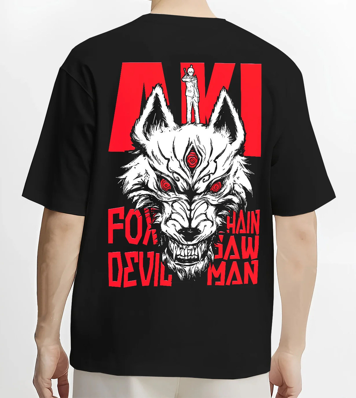 Black T-shirt model back view with Aki / Fox Devil illustration from Chainsaw Man illustrated back graphic