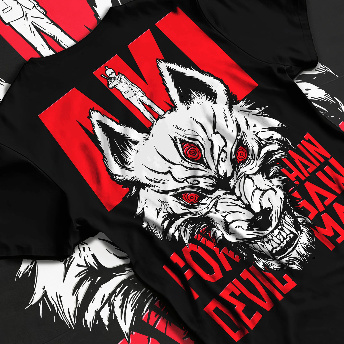Black T-shirt flat back view with Aki / Fox Devil illustration from Chainsaw Man illustrated back graphic