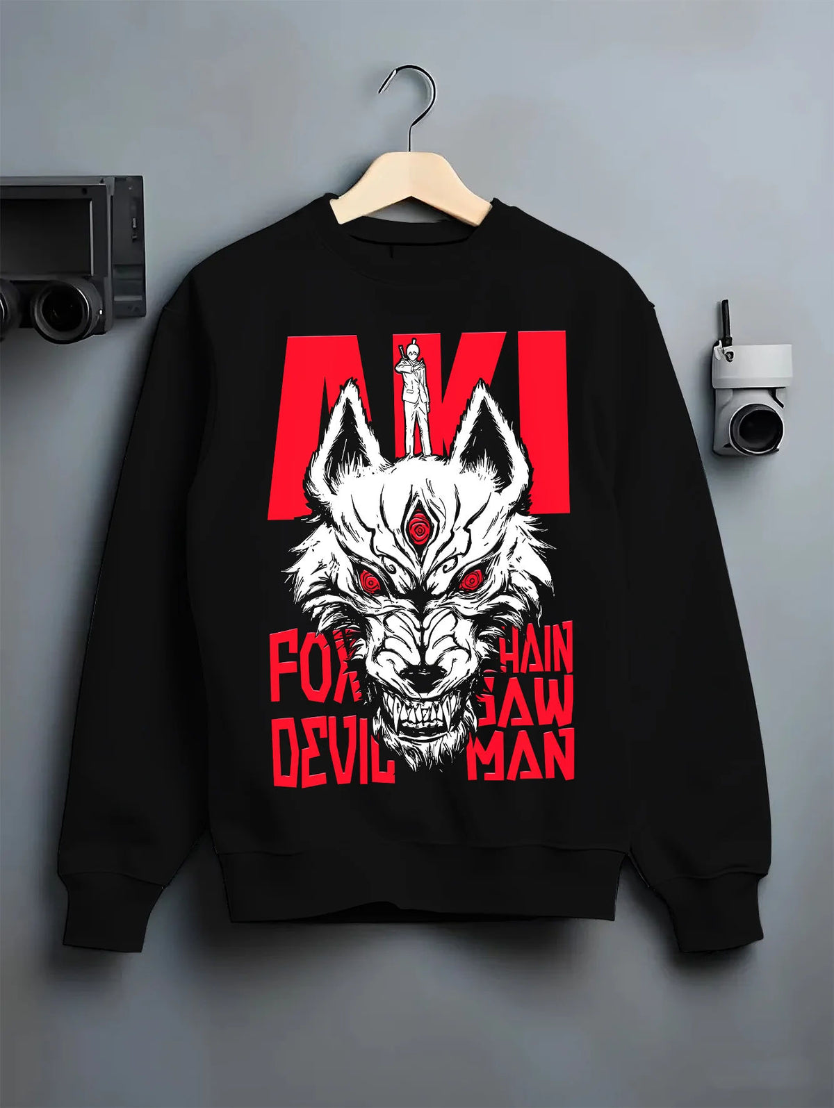 Black crewneck sweatshirt on hanger with Aki / Fox Devil illustration from Chainsaw Man illustrated back graphic