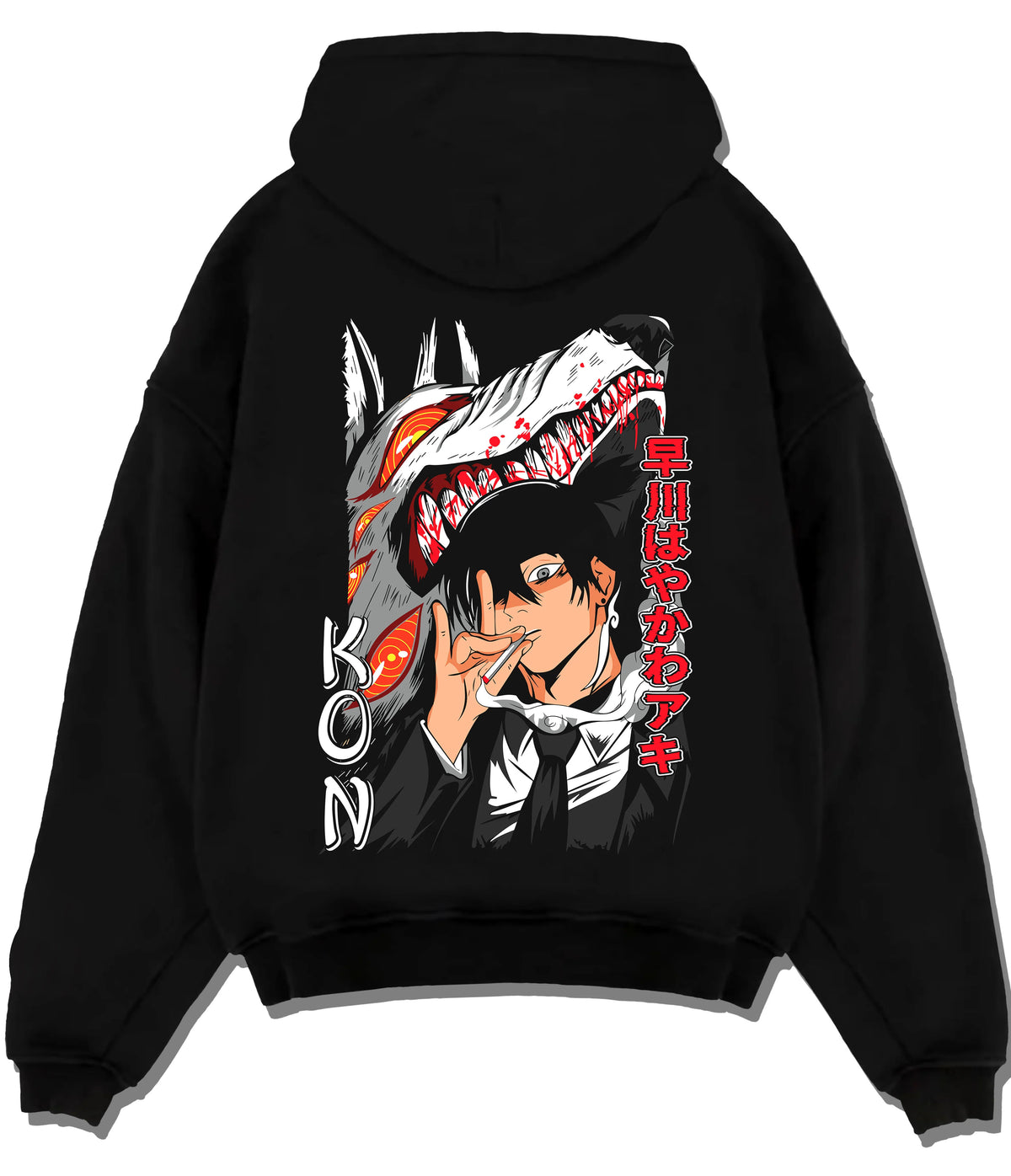 Black hoodie flat back view with Aki Hayakawa / Kon from Chainsaw Man illustrated back graphic