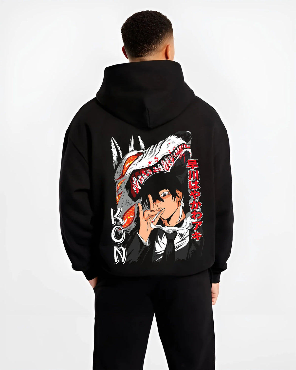 Black hoodie model back view with Aki Hayakawa / Kon from Chainsaw Man illustrated back graphic
