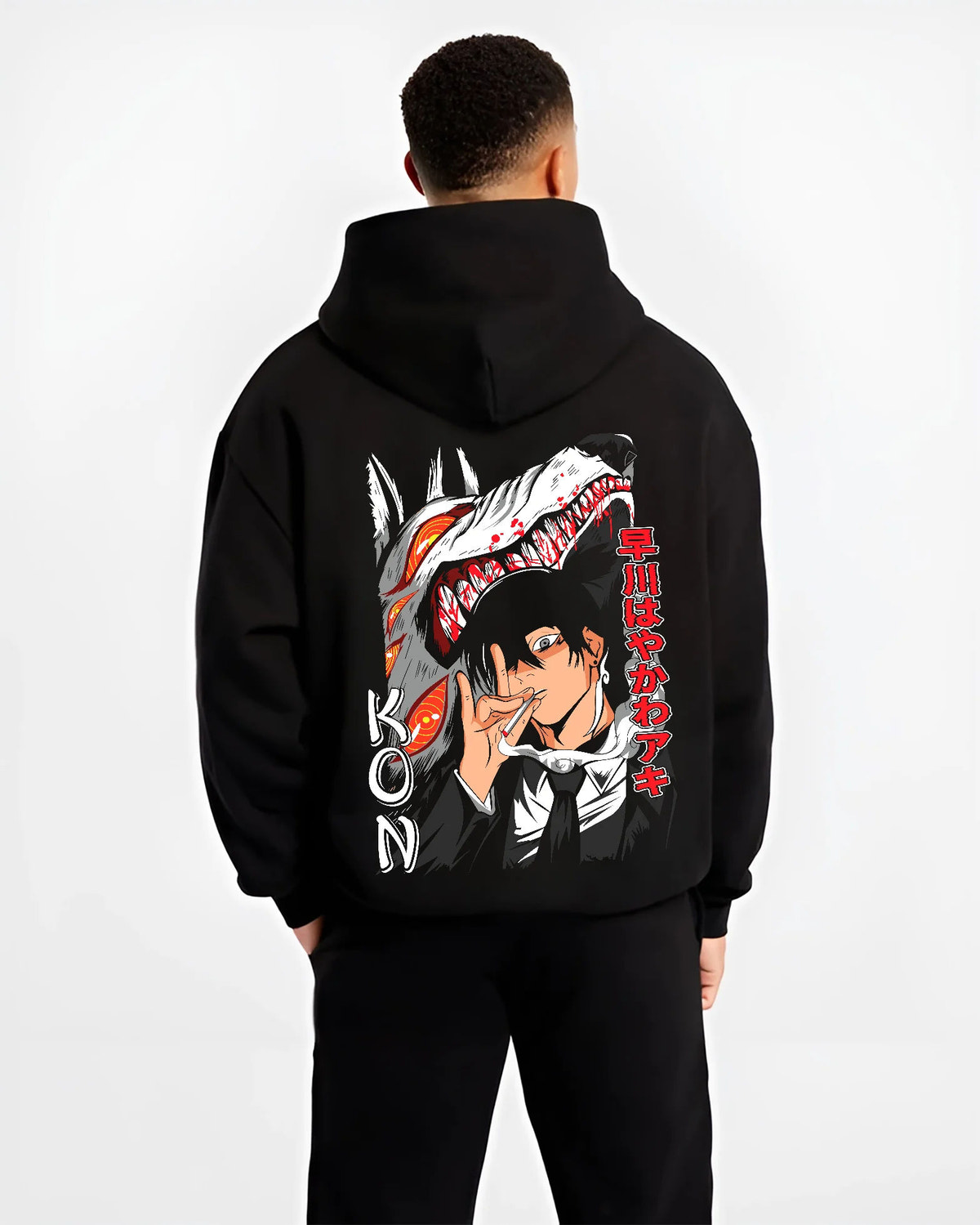 Black hoodie model back view with Aki Hayakawa / Kon from Chainsaw Man illustrated back graphic