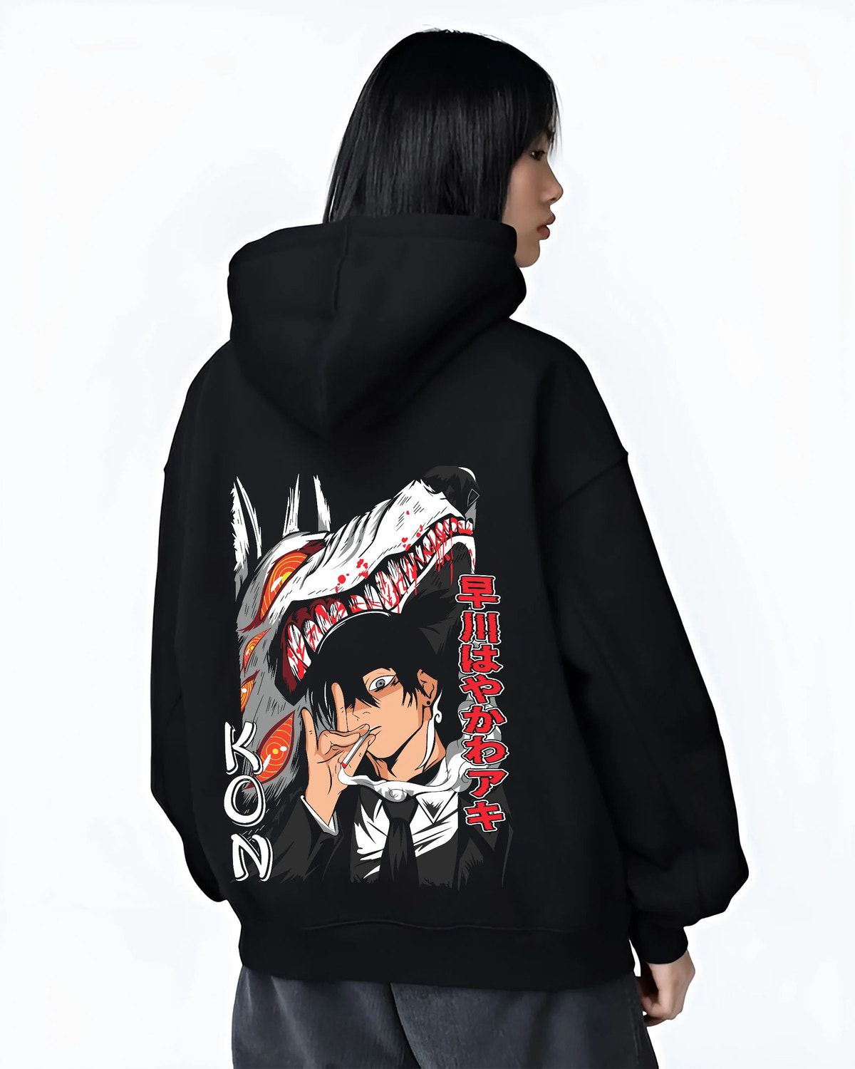 Black hoodie female model back view with Aki Hayakawa / Kon from Chainsaw Man illustrated back graphic