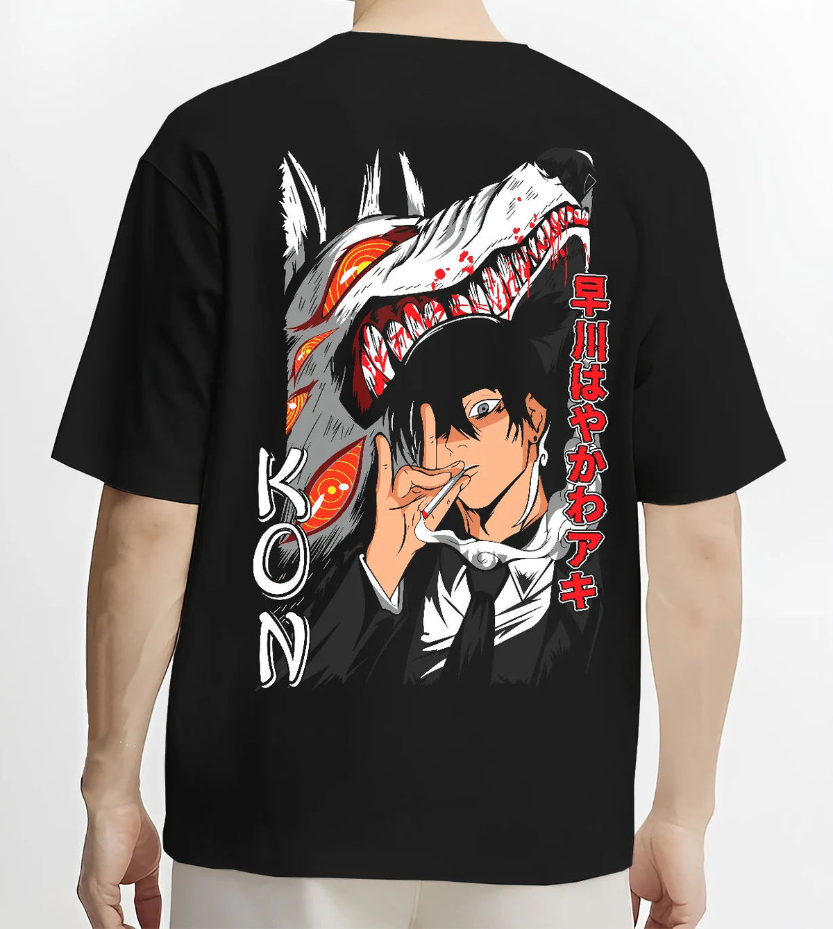 Black T-shirt model back view with Aki Hayakawa / Kon from Chainsaw Man illustrated back graphic