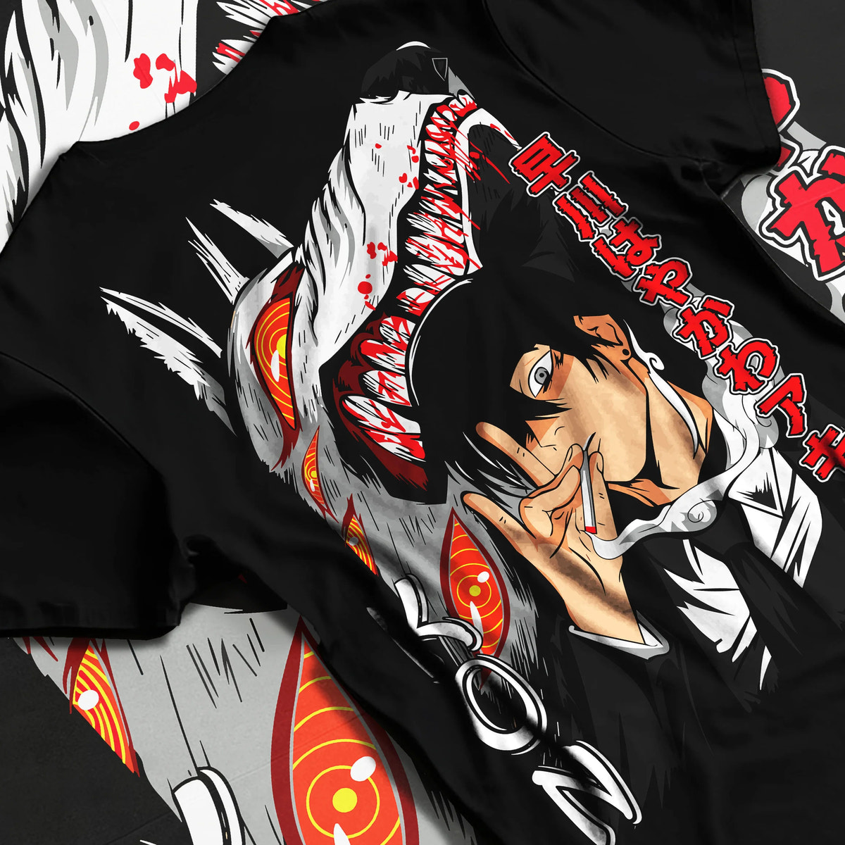 Black T-shirt flat back view with Aki Hayakawa / Kon from Chainsaw Man illustrated back graphic