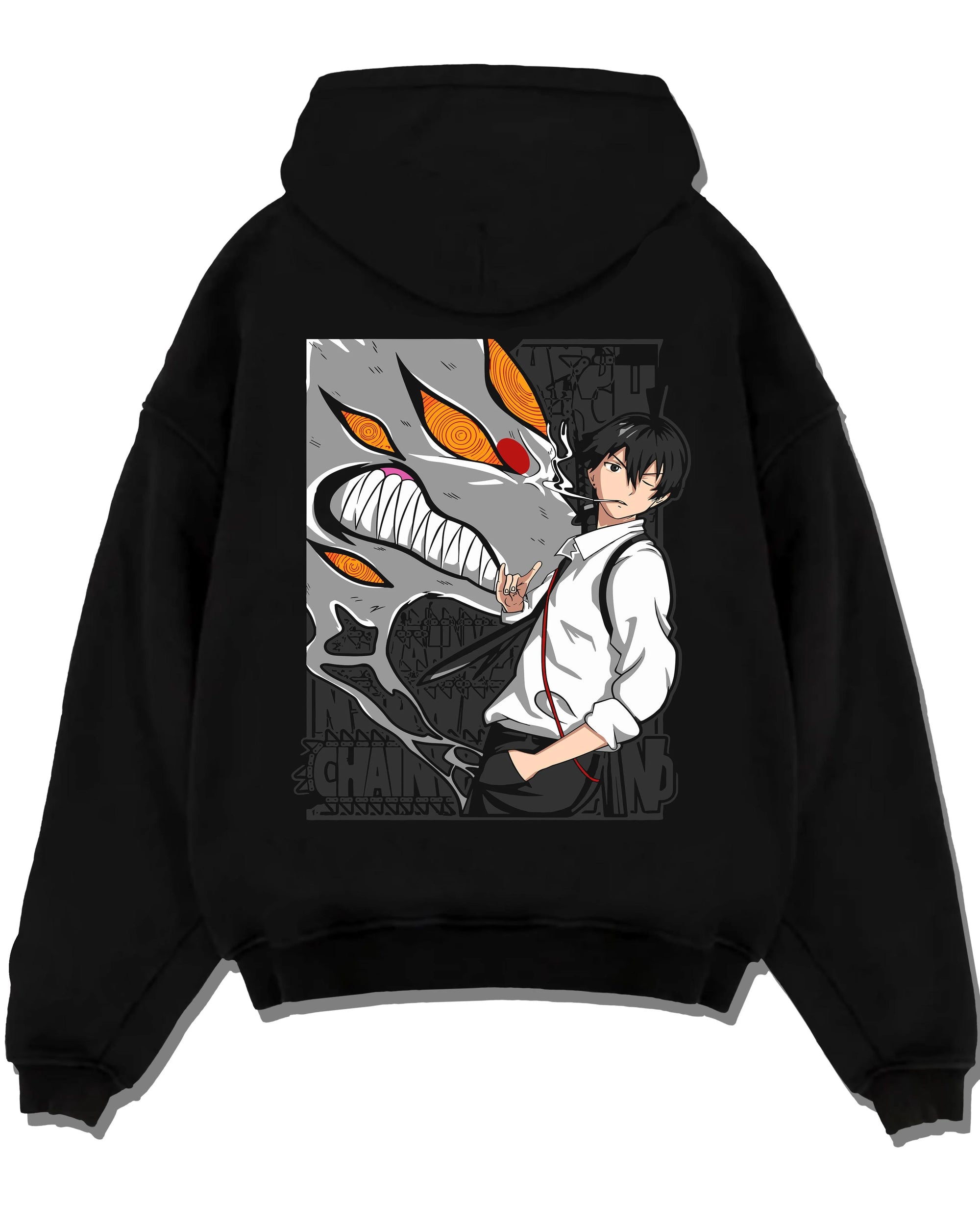 Black pullover hoodie laid flat with Chainsaw Man Hoodie Denji Devil Hunter Chainsaw Blades graphic streetwear graphic.