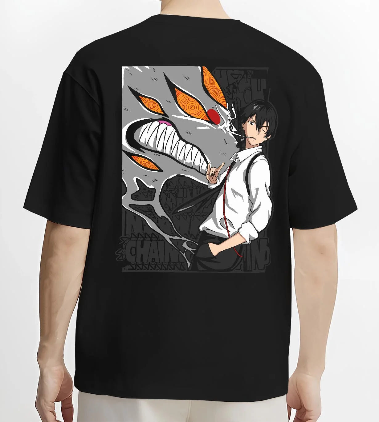 Black T-shirt worn by male model, back view with Chainsaw Man Hoodie Denji Devil Hunter Chainsaw Blades graphic bold anime graphic.