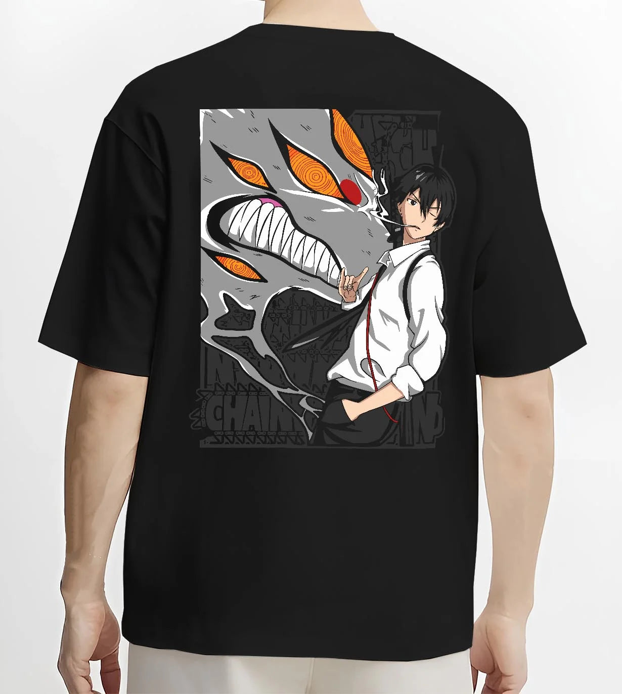 Black T-shirt worn by male model, back view with Chainsaw Man Hoodie Denji Devil Hunter Chainsaw Blades graphic bold anime graphic.