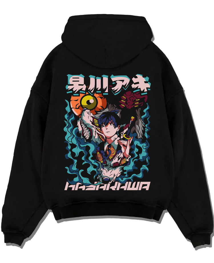 Black pullover hoodie laid flat with Aki Hayakawa Hoodie Chainsaw Man Devil Hunter Katana graphic bold anime graphic.