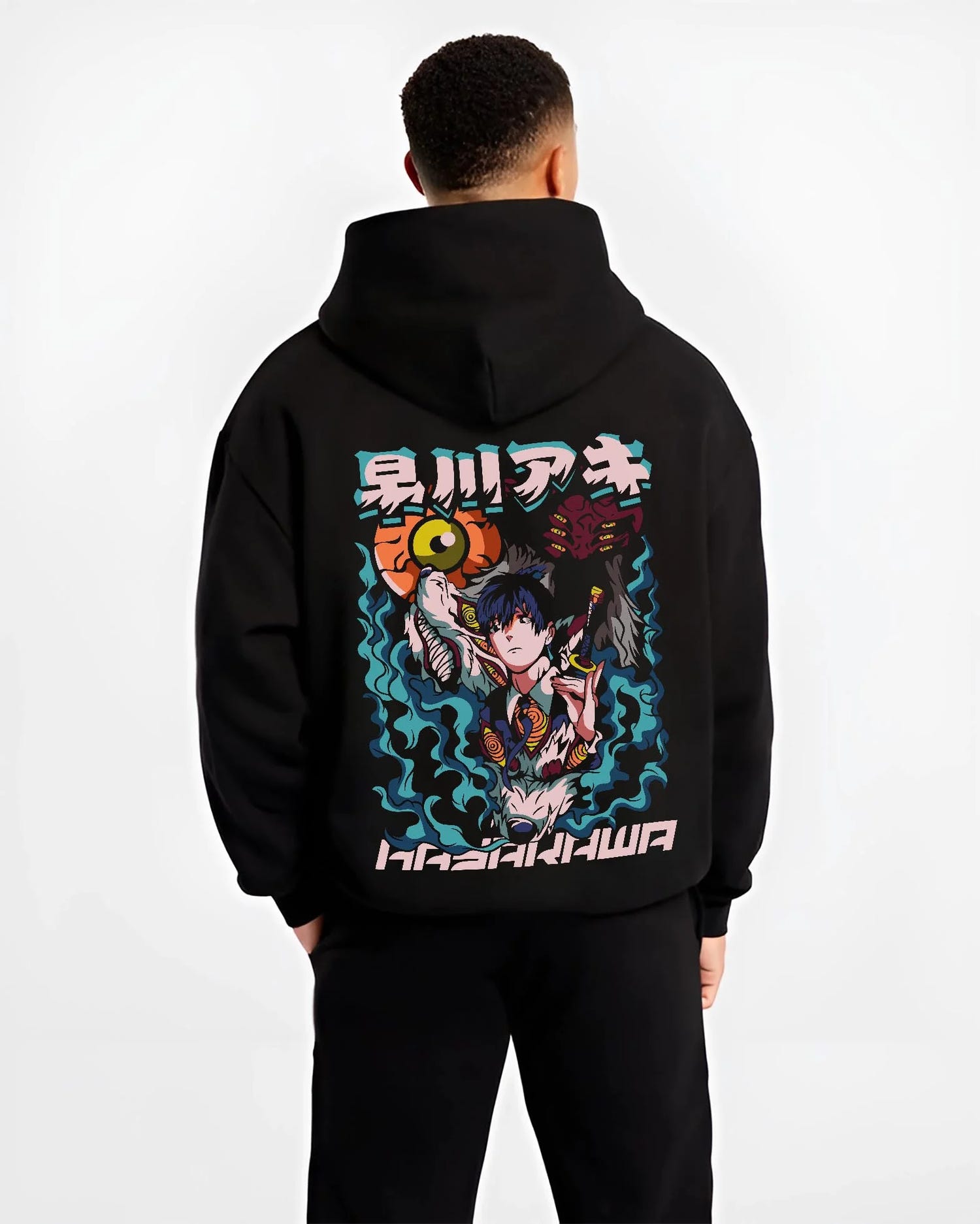 Black hoodie worn by male model, back view with Aki Hayakawa Hoodie Chainsaw Man Devil Hunter Katana graphic streetwear graphic.