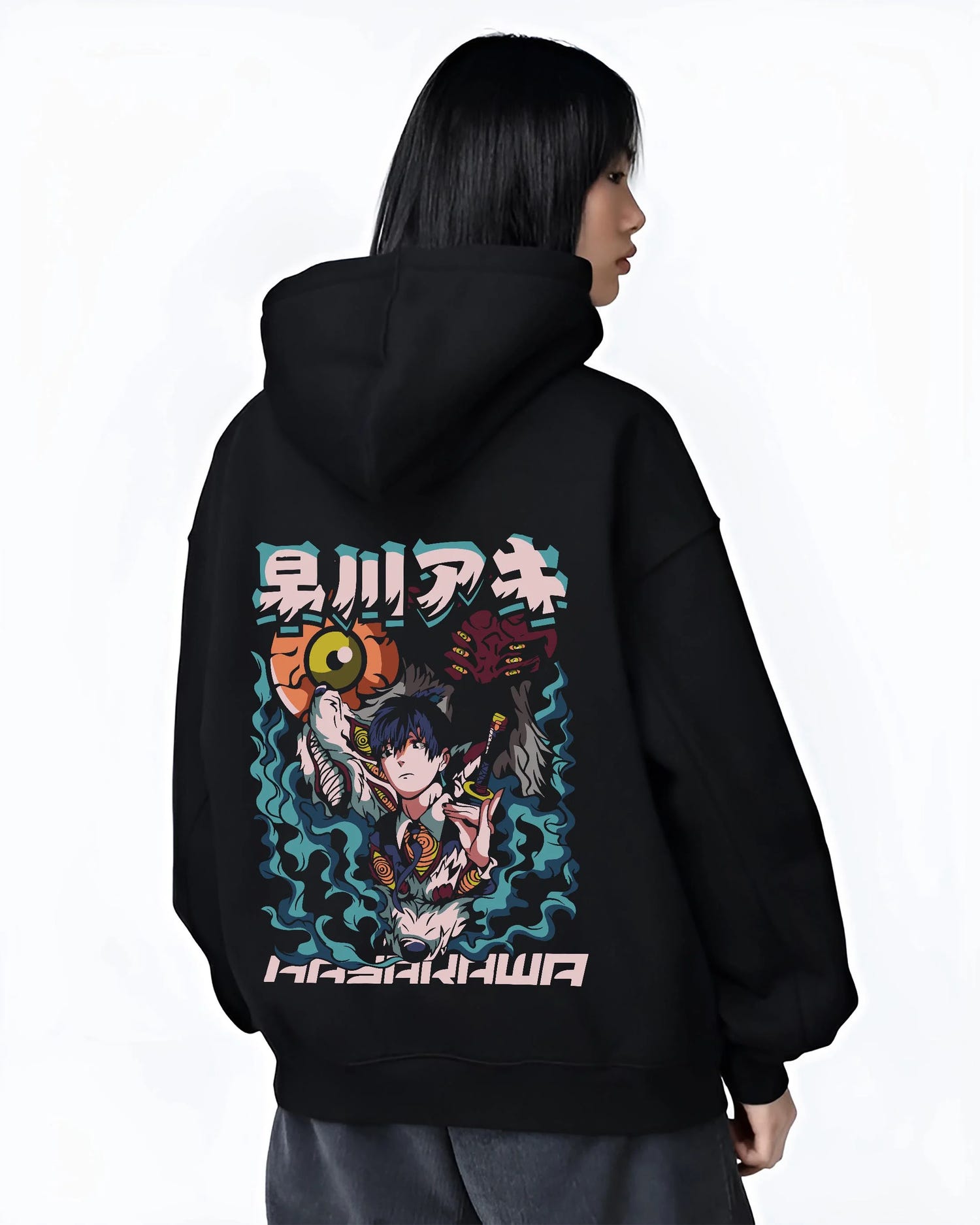 Black hoodie worn by female model, back view with Aki Hayakawa Hoodie Chainsaw Man Devil Hunter Katana graphic premium wear.